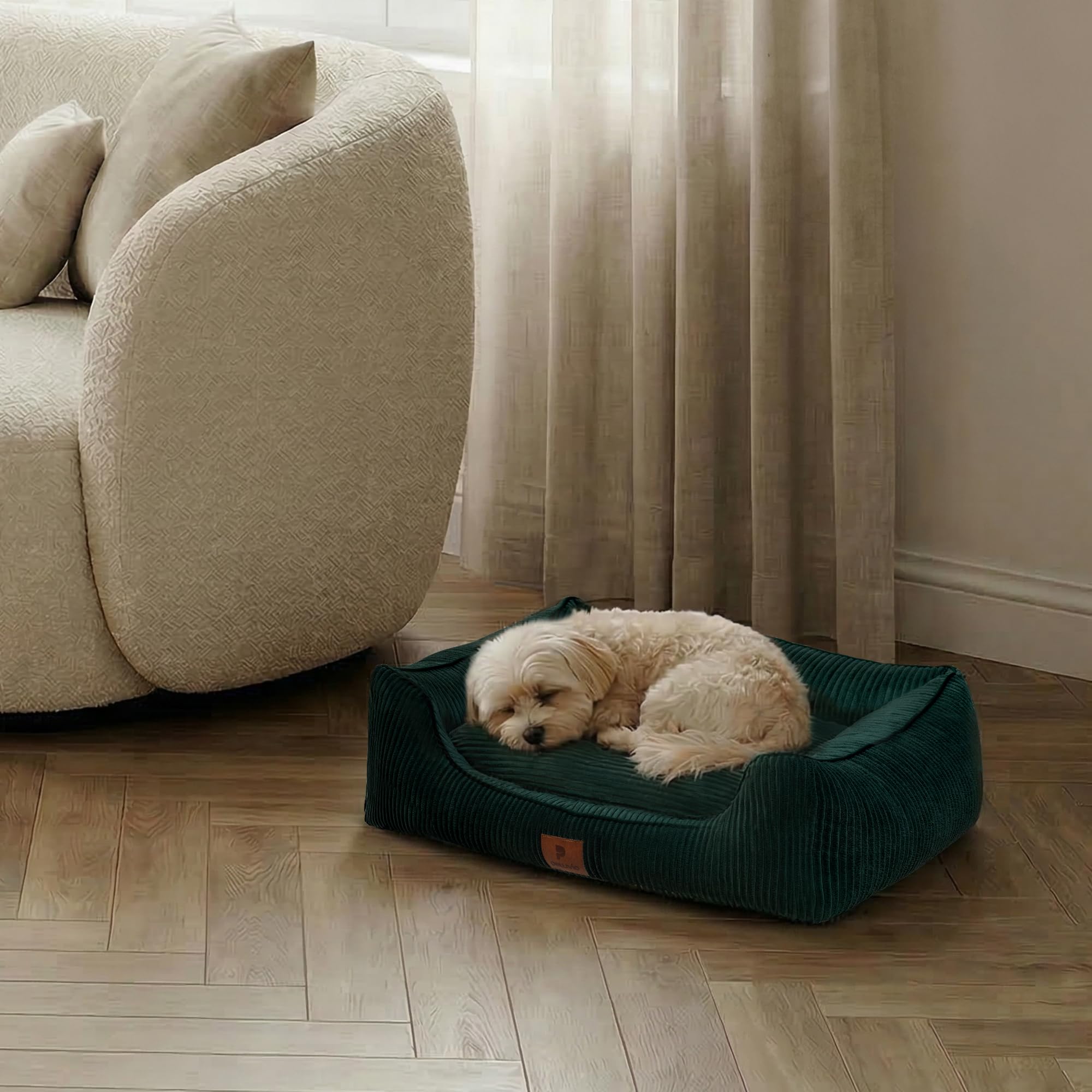 Hirado Cama para Perros con Bordes Elevados, Antideslizante y Acolchada, con Funda Extraíble Lavable a 30°C, Tipo Nido Sofá para Interior, Tejido de Pana, con Respaldo, Varios Tamaños