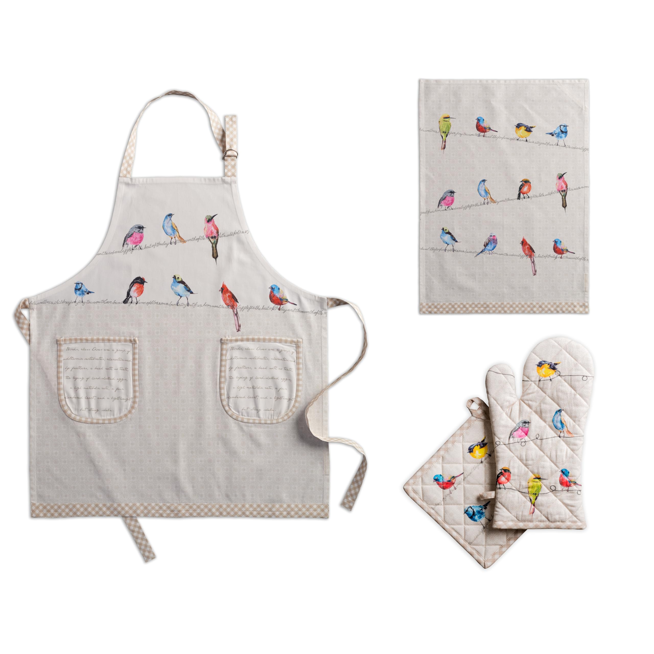 Maison d' Hermine Birdies on Wire Bundle Set 100% Cotton Apron (27.50 Inch by 31.50 Inch) Set of 2 Kitchen Towels(20 Inch by 27.5 Inch) and Oven Mitt(7.5 Inch by 13 Inch)/Pot Holder (8 Inch by 8 Inch)