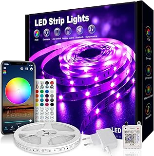 VKH LED Strip 5 Meters(30 LED/m), 5050 RGB Colorful with Remote and App, Sync Color Change with Music, LED Lights for Bedr…