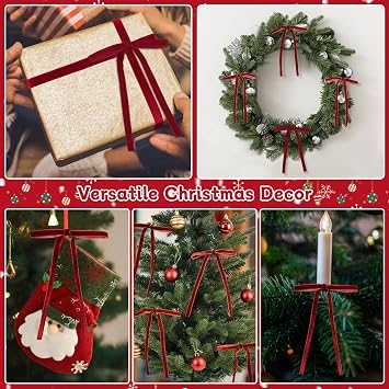 Yastouay 24 Pcs Burgundy Velvet Bows for Christmas Tree, 5 x 7 Inch Christmas Tree Bows, Velvet Christmas Bows Ornaments for Wreath Gifts Garland Fireplace Candlestick Party DIY Home Decor