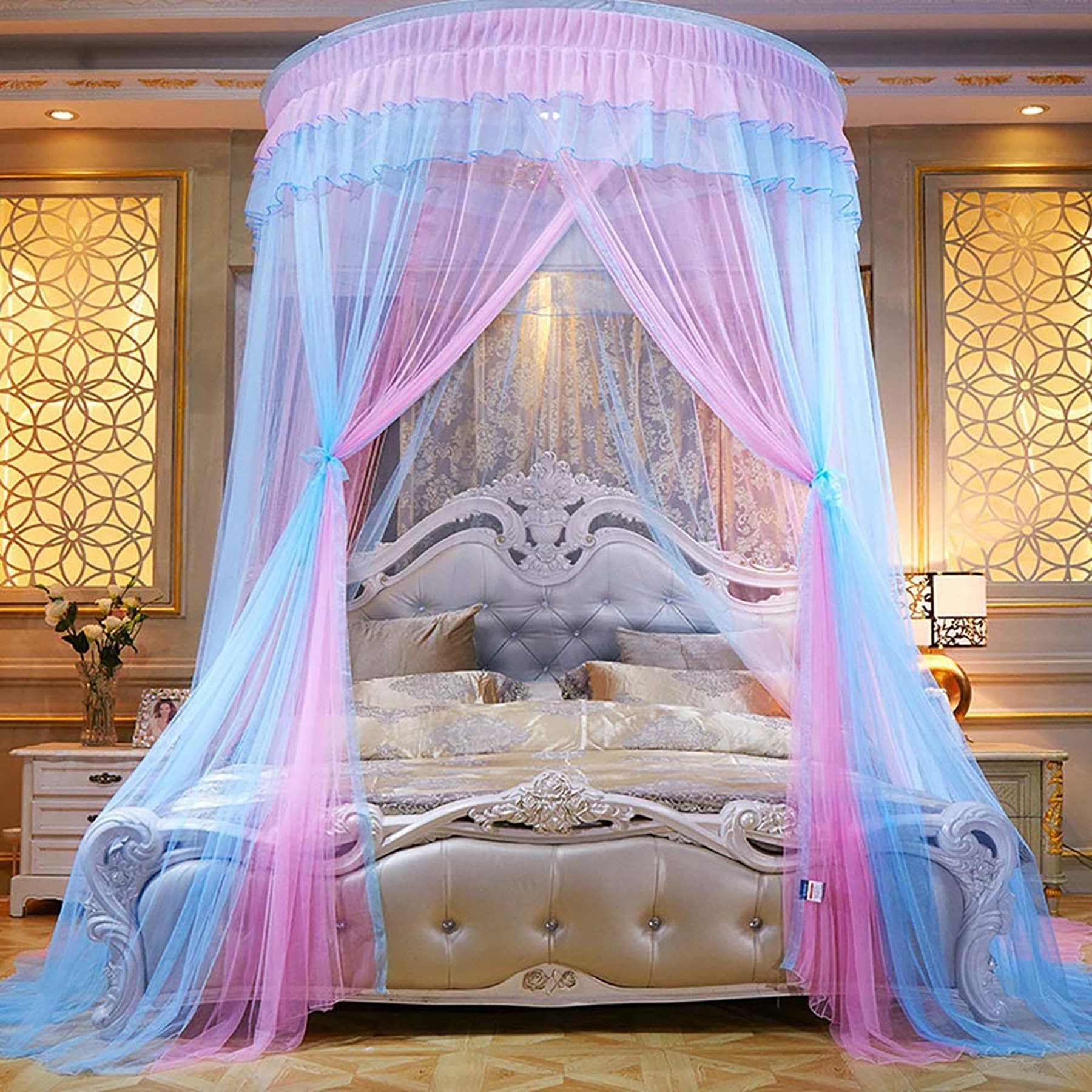 Dosel de cúpula Redonda, Cortinas de Cama, Cama de Princesa, Dosel de Red, mosquitera, Dosel de Cama, Cortina Colgante, Red para niños, cunas y Adultos,Pink Purple