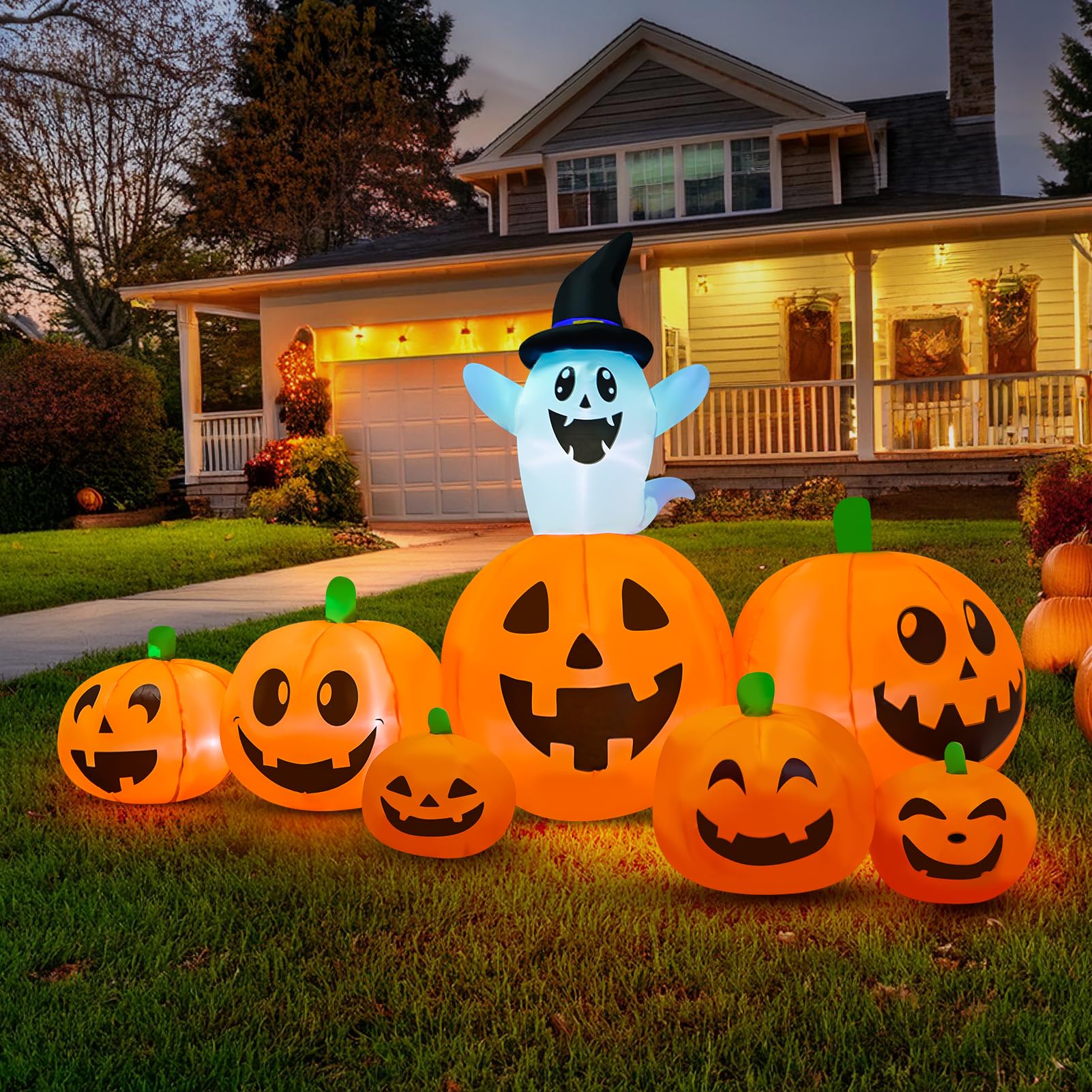 7.5 FT Long Halloween Inflatables Pumpkin Ghost Outdoor Decorations, Outside Decoration with 7 Pumpkins & 1 Ghost, Build-in LEDs Blow Up Inflatables for Halloween Party Yard Lawn Garden Decor