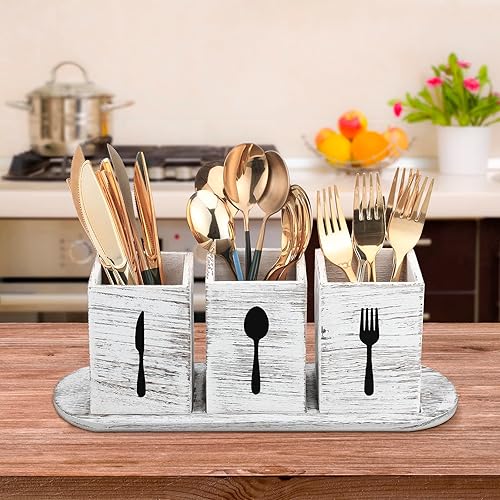 Miniatura 5 de Organizador de cubiertos de 4 piezas para encimera, organizador de cubiertos con bandeja de madera, cuchara y tenedor, soporte para cubiertos,