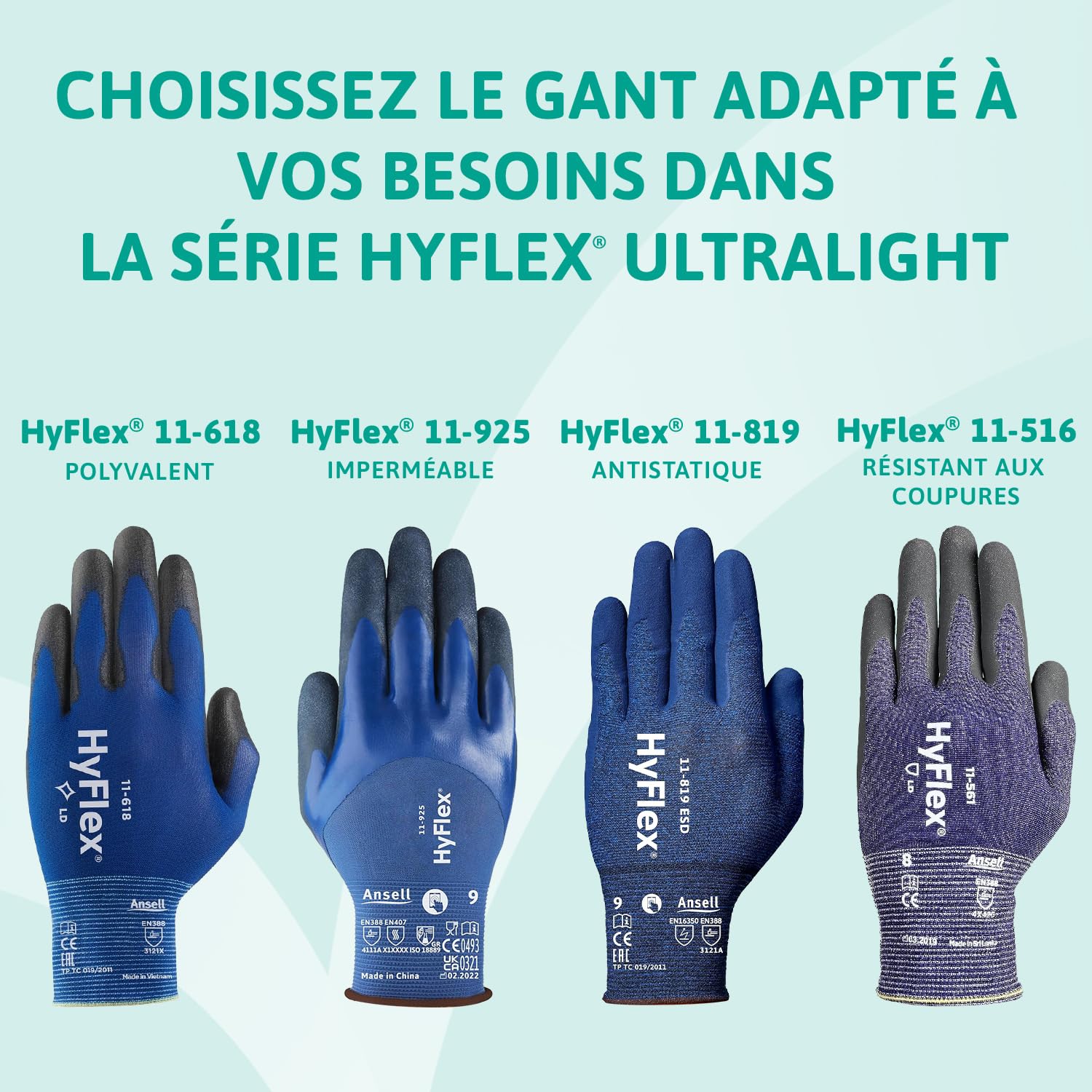Ansell HyFlex 11-618, Gants de travail L pour manipulations de précision, Revêtement PU, Compatibles écran tactile, Bleus, 12 paires