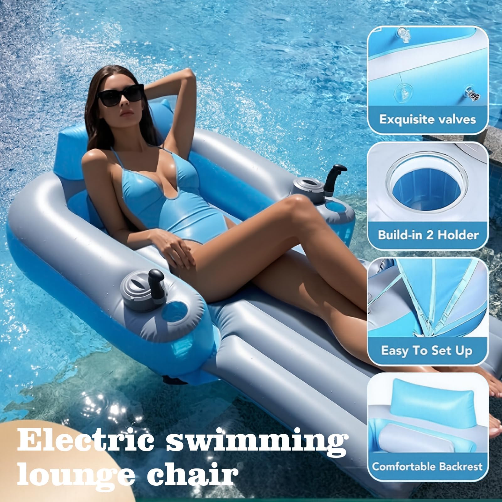 Lettino motorizzato per piscina, galleggiante motorizzato con tettuccio parasole staccabile, elica elettrica girevole a 360 gradi, zattera galleggiante in PVC resistente per piscine, laghi e feste in