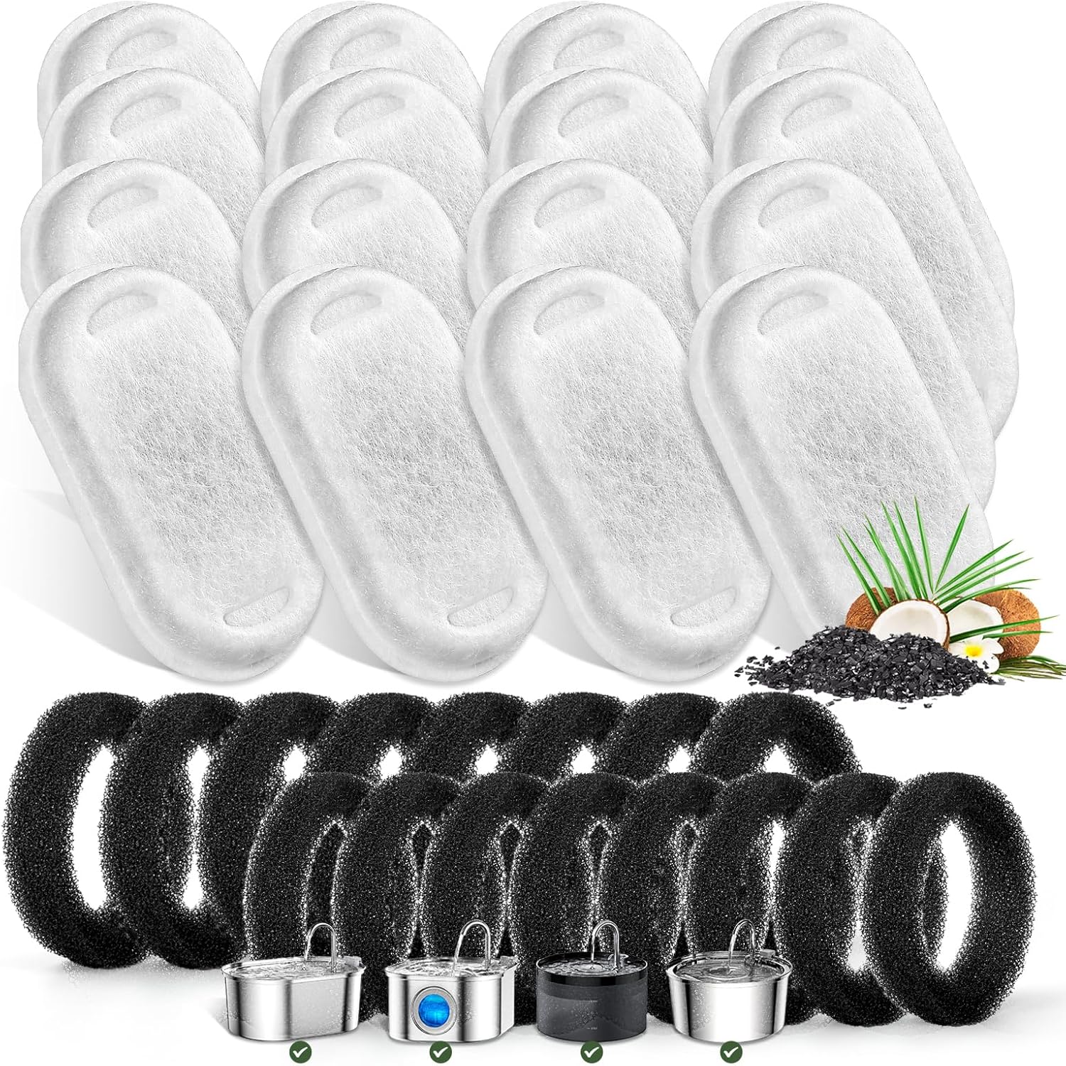 Cat Water Fountain Filters for Stainless Steel 67oz/2L Adjustable Water Flow Pet Fountain, 16 Pack Pet Replacement Filters with 16 Sponges 16 Filters& 16 Sponges