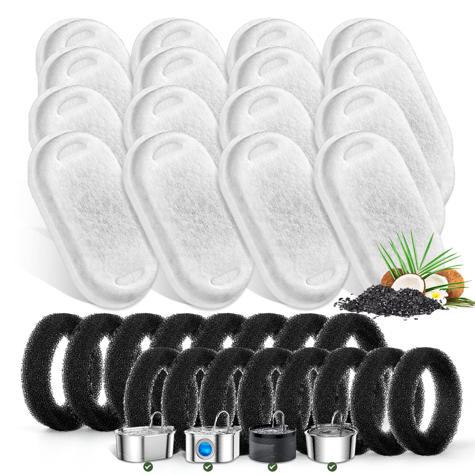 Cat Water Fountain Filters for Stainless Steel 67oz/2L Adjustable Water Flow Pet Fountain, 16 Pack Pet Replacement Filters with 16 Sponges