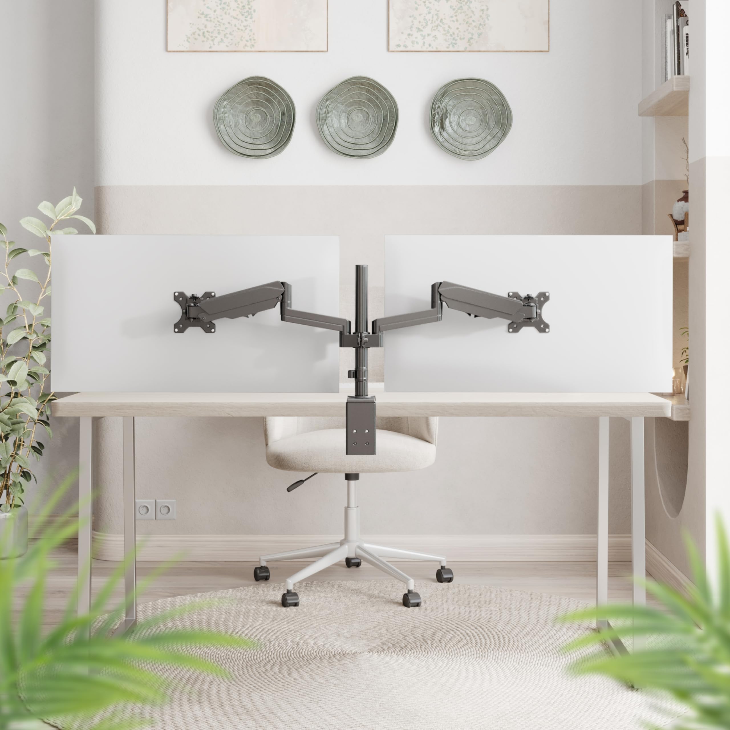 RICOO TS3911 Dual Support Écran PC TV 2 Écrans 13 17 19 22 24 27 28 32 Pouces VESA 75x75 100x100 Ressort à gaz Orientable Inclinable Rotatif Universel Fixation Bureau Pince de Table