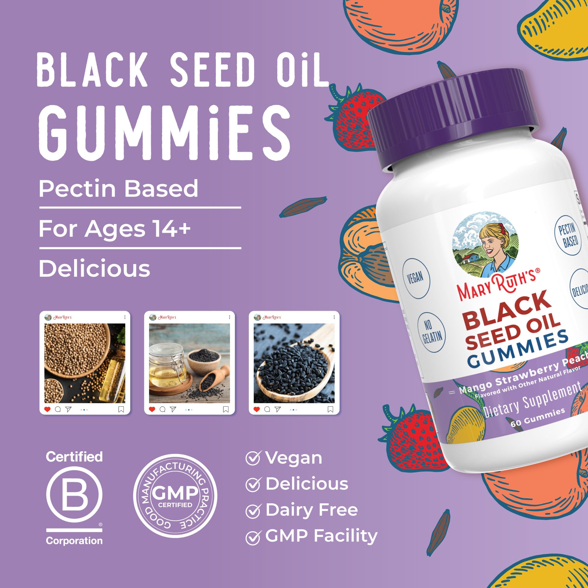MARYRUTH'S Black Seed Oil Gummies, Mango Strawberry Peach, 60 ct — Amazon image 9