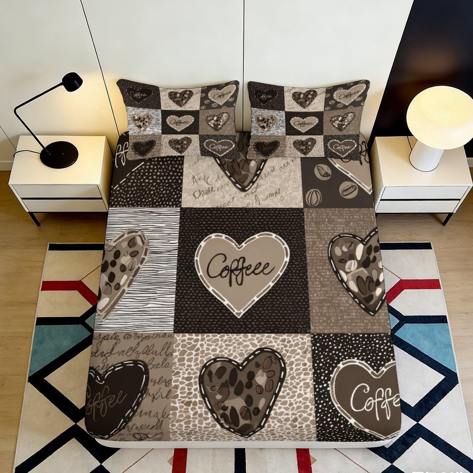 3D Printed Patchwork Heart Fitted Sheet Microfiber Brown Beige Love Bed Sheet Anti-Slip for Bedroom Guest Room 90x200x25cm