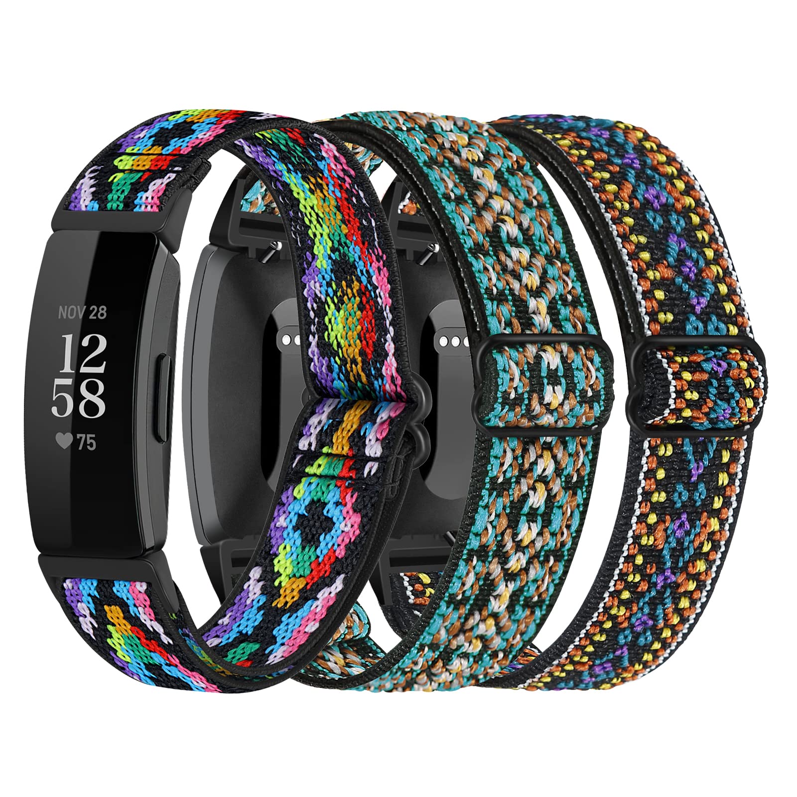 3-Pack Elastic Nylon Straps Compatible with Fitbit Inspire 2 / HR/Ace 2, Soft Adjustable Solo Loop Replacement Bands for Fitbit Inspire Fitness Tracker Women Men