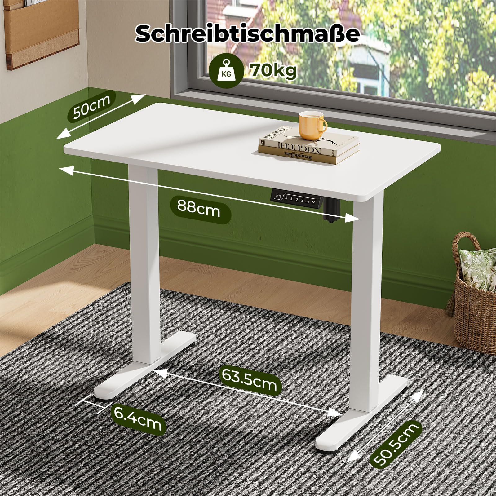 Gibbon Mounts 88x50cm Kleiner höhenverstellbarer Schreibtisch mit Rollen | Mobiler elektrischer Computertisch mit weißer einteiliger Tischplatte & 4 feststellbaren Räder, für kleine Wohnbereiche