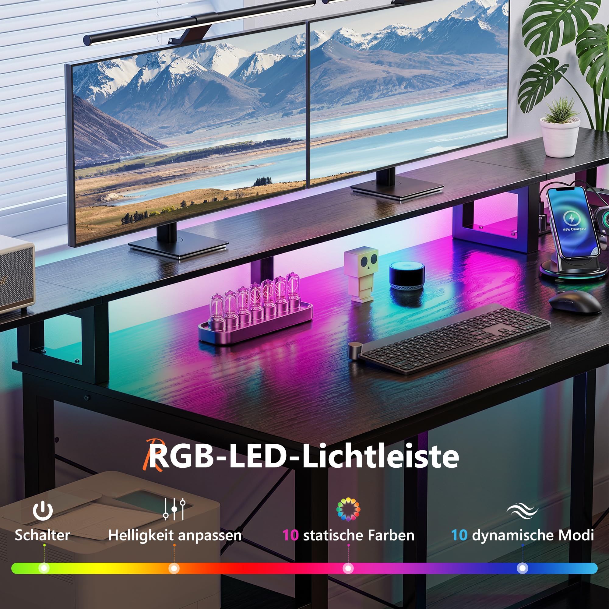 YOUDENOVA Schreibtisch L Form mit Schubladen, 150x80cm Eckschreibtisch mit LED & Steckdose & USB, Reversibel Gaming Tisch mit Monitorständer, Stauraum, Computertisch für Homeoffice & Gaming, Schwarz