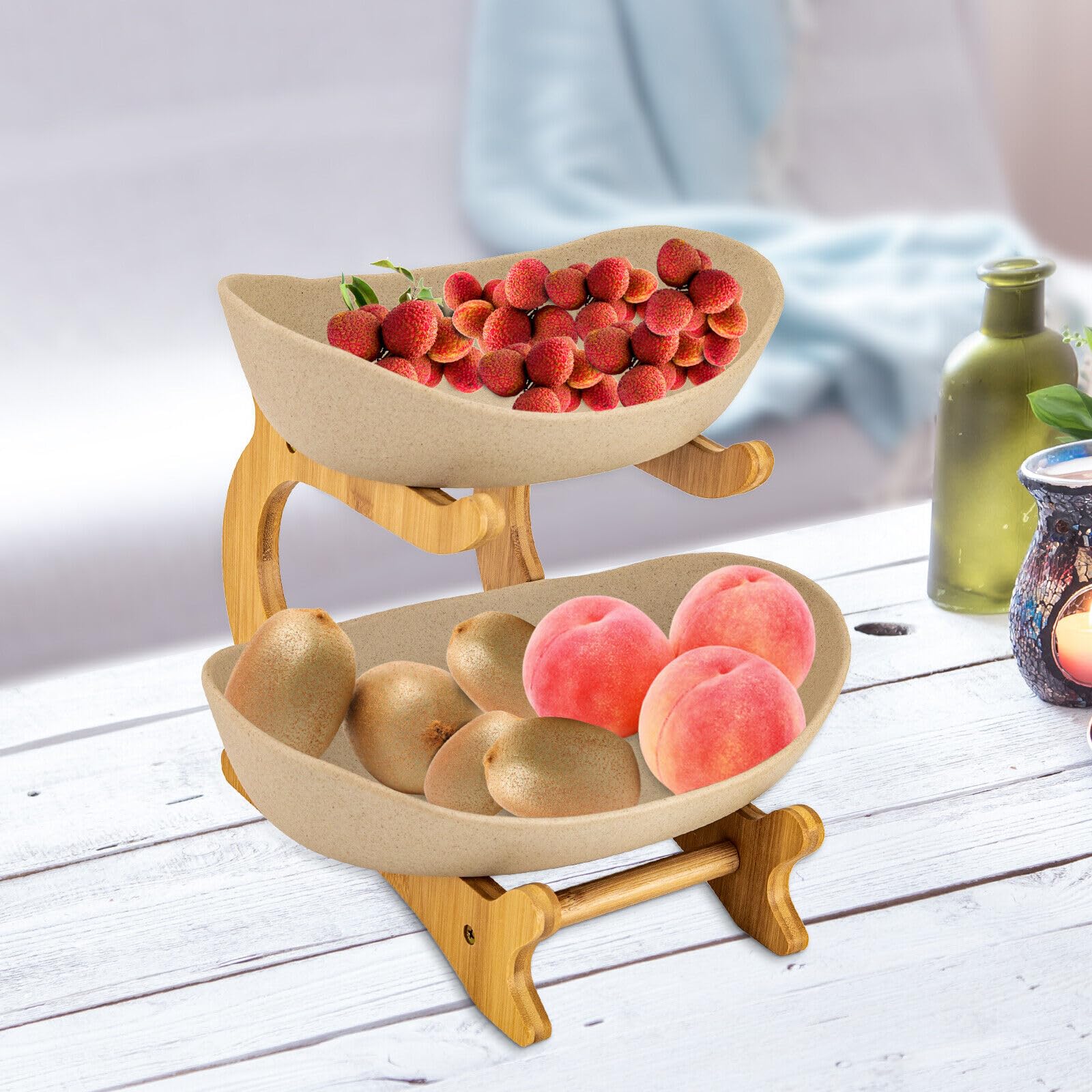 Obst-Etagere Aus Keramik & Bambus – 2-stöckig, Schalen 20 & 23 Cm, Spülmaschinenfest