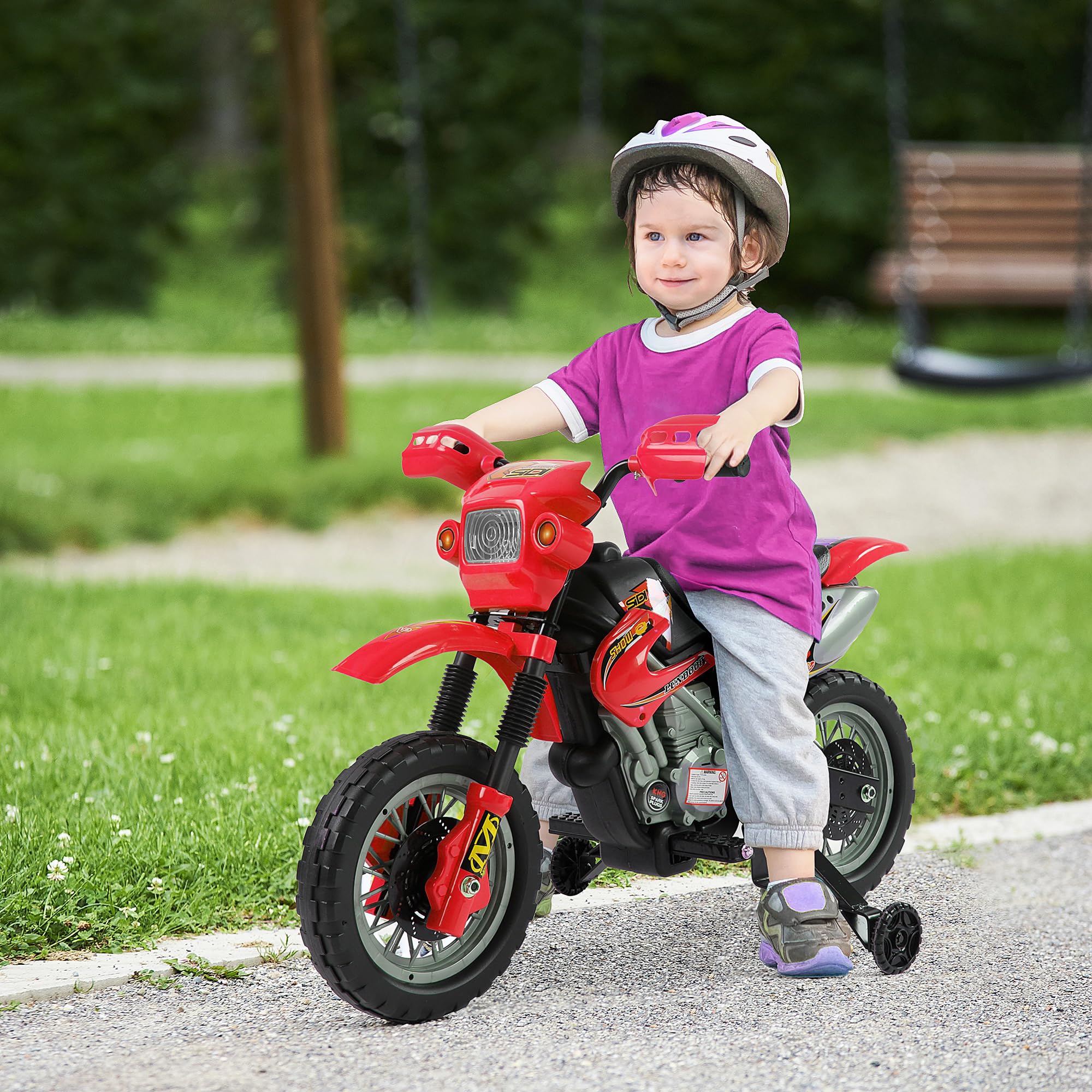 HOMCOM Moto Elettrica per Bambini 3-6 Anni 102x58x66 cm Rosso e Nero | Moto Cross per Bambini, in Plastica PP, con Ruote di Supporto, Musica, Fari