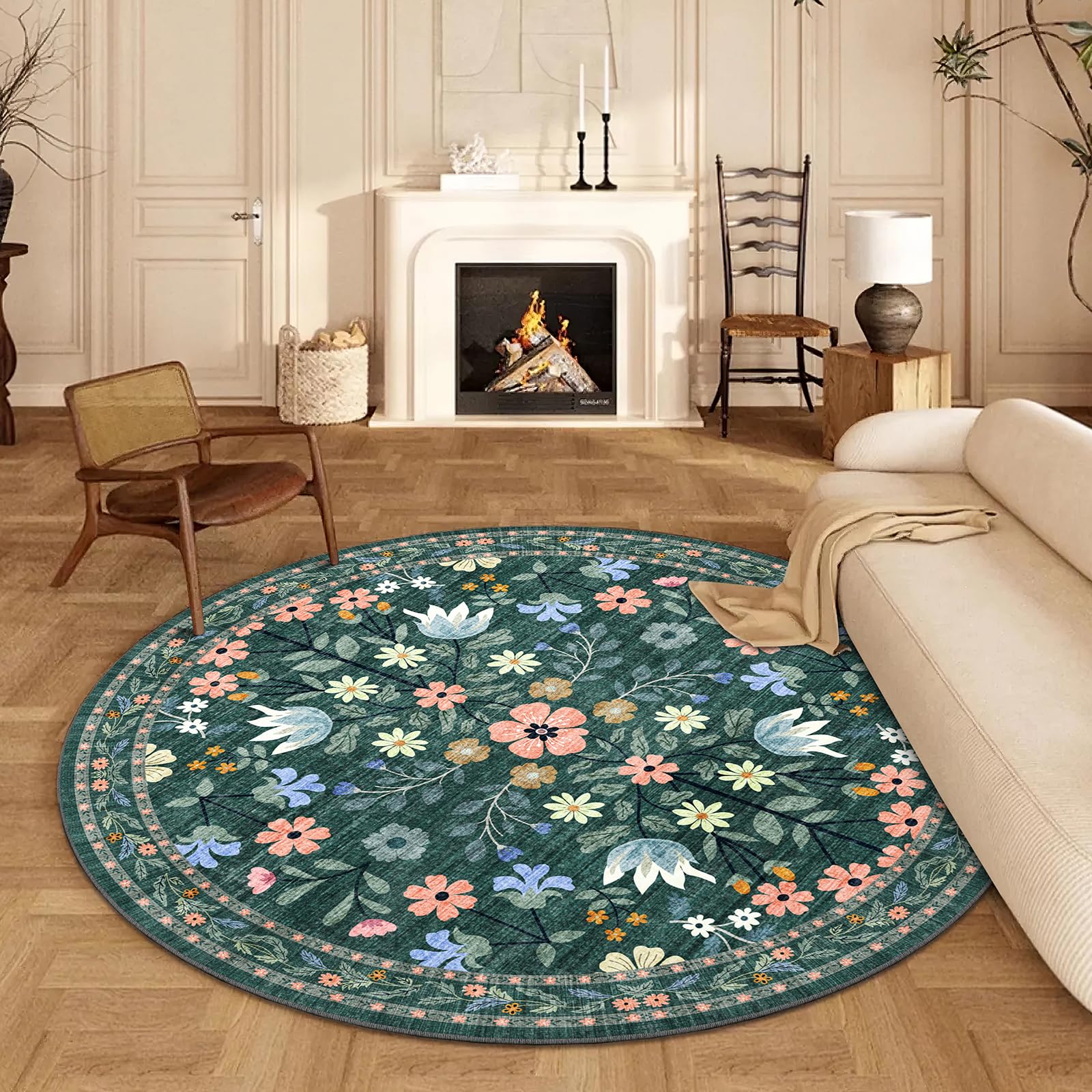 BYBSRLL Round Rug for Living Room 120cm, Vintage Rug Washable & Non-Slip Low Pile Circle Carpet, Soft Floral Circle Rugs for Bedroom, Boho Rug Kitchen, Nursery, Entryway, Dinning Room, Dark Green