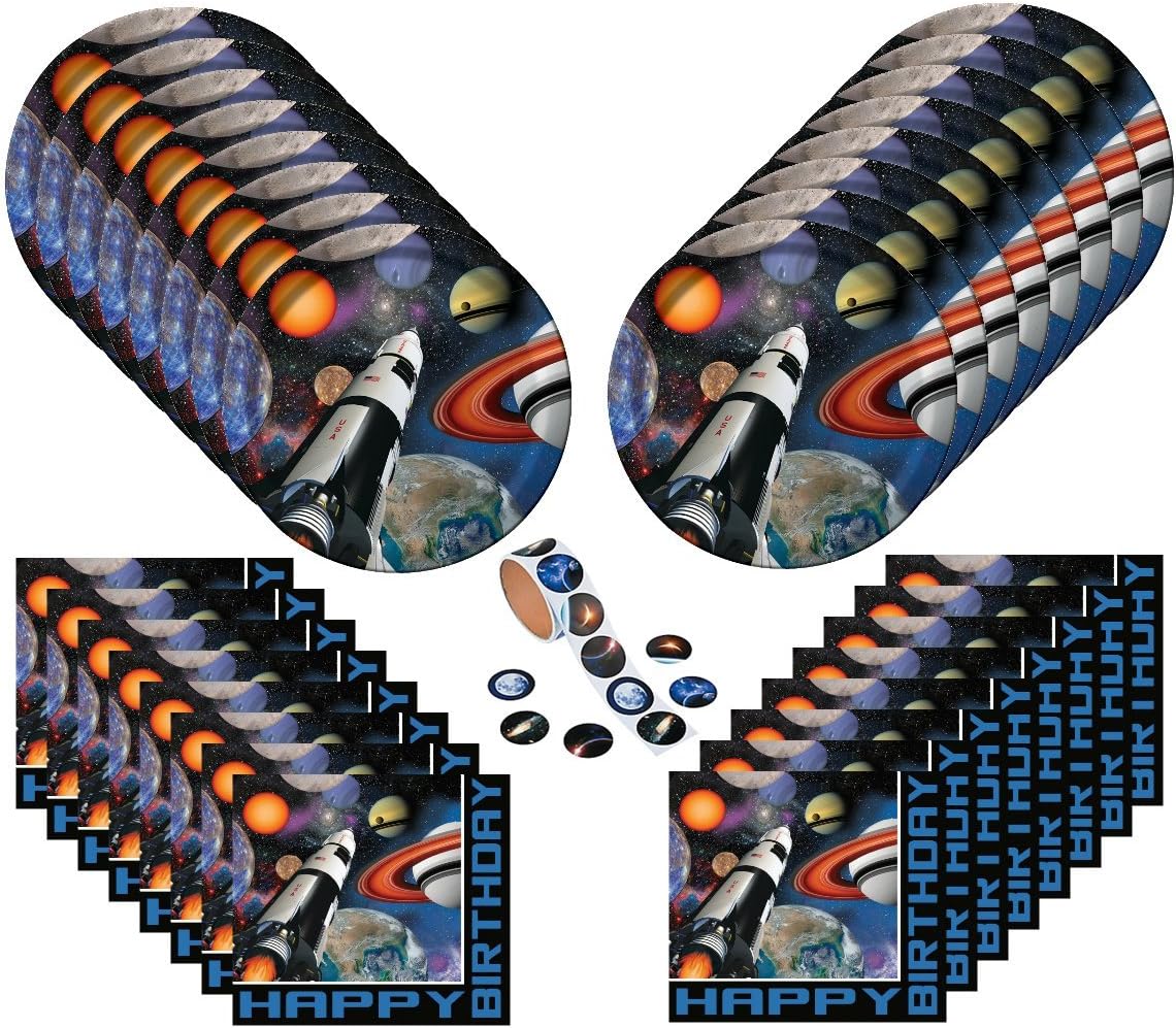 Solar System Outer Space Blast Happy Birthday Supplies Bundle Pack for 16 (Plus 16 Planet Stars Stickers)