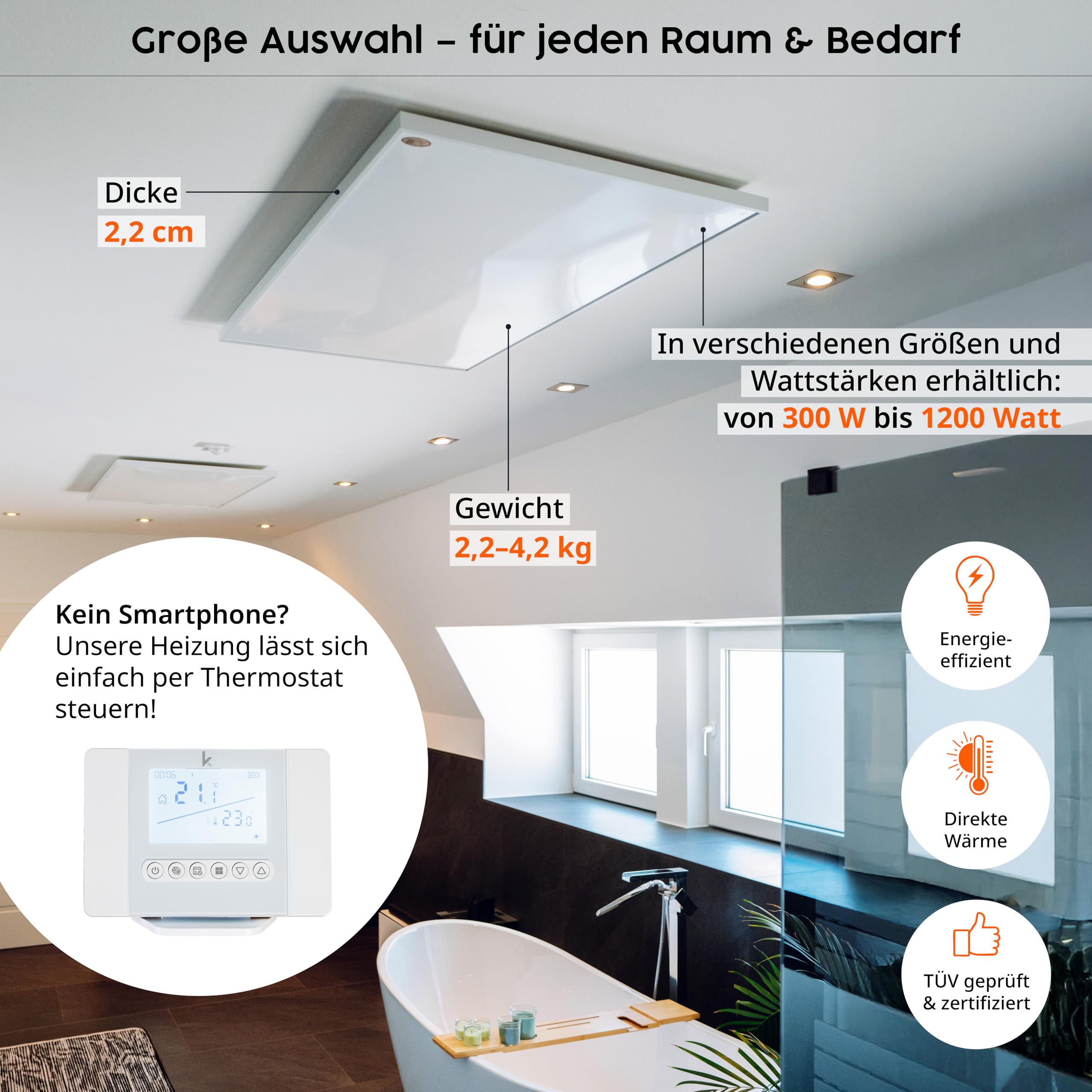Könighaus Smart 2.0 Infrarot Deckenheizung - 1000 Watt - Starter-Set inkl. Raumthermostat - App-Steuerung, Multiroom, Elektroheizung & 5 Jahre Herstellergarantie