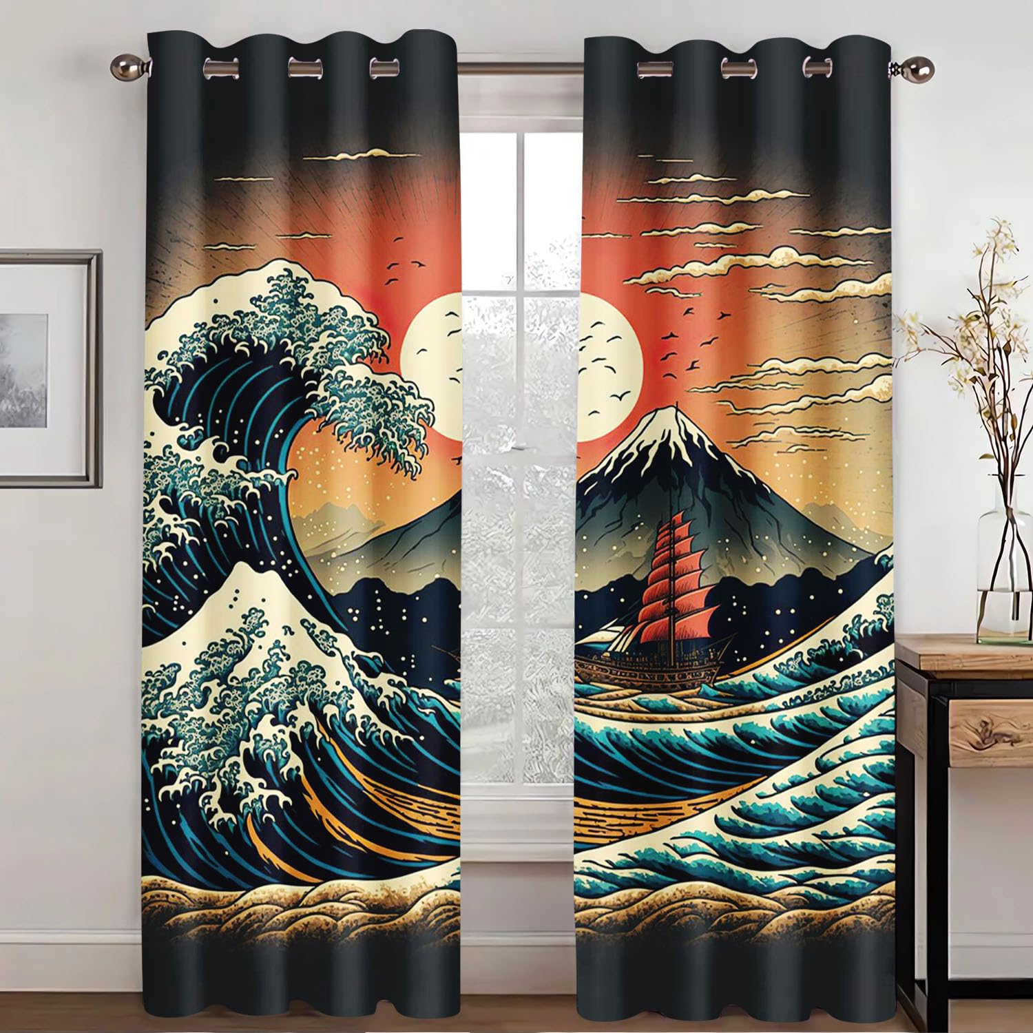 SHROUDEX Japanese Ukiyoe Blackout Curtain with Eyelets, Hokusai Wave Koi Window Curtain for Children's Room, Bedroom, 2 Panels (4.280 x 180 cm (2 x 140 x 180 cm) — image 1