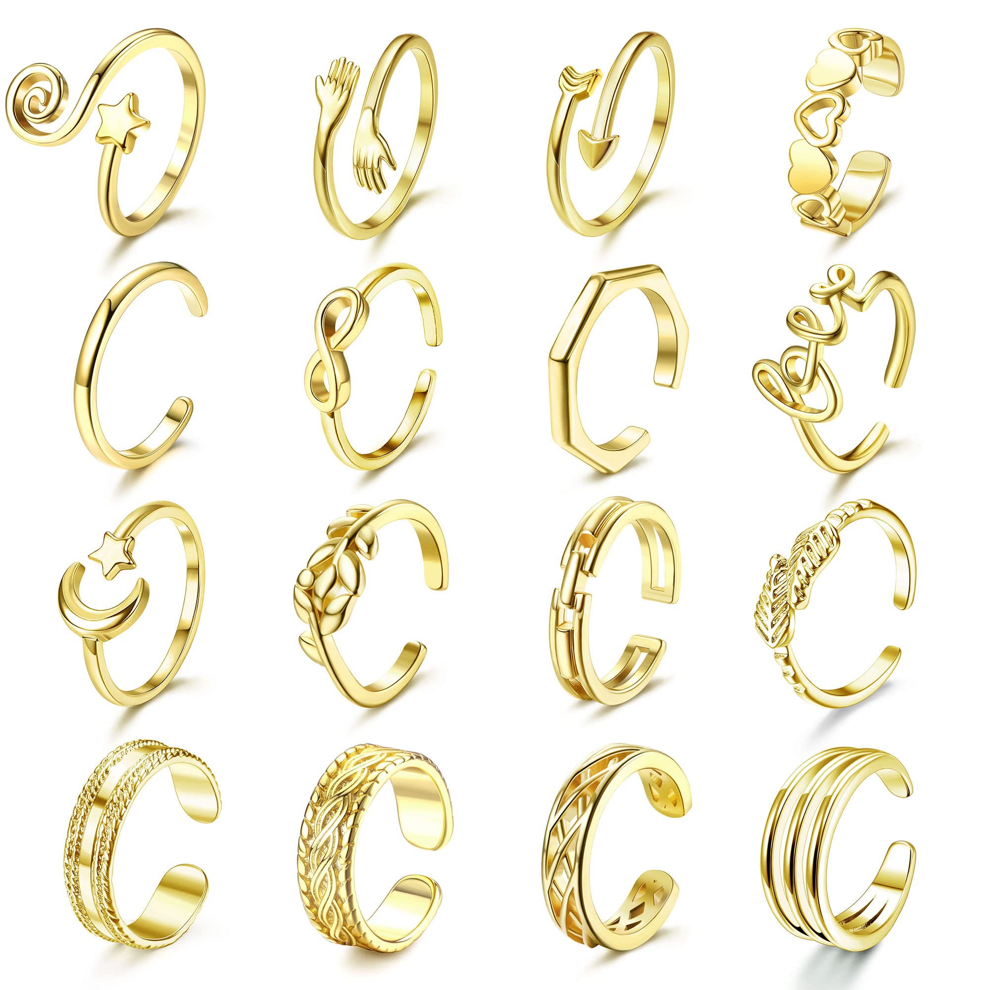 MILACOLATO16Pcs Toe Rings for Women 14K Gold Plated Ajustable Rings Moon Star Heart Hug Leaf Open Rings Knuckle Midi Tail Pinky Rings Summer Foot Jewelry