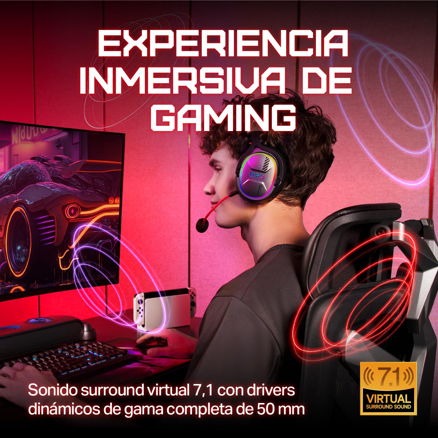 OXS Storm G2 Auriculares Inalámbricos para Gaming, Sonido Surround Virtual 7,1, Baja Latencia de 2,4 GHz, Driver de 50 mm, 40 Horas de Autonomía, luz RGB, Bluetooth 5.3, para PC, Consola y Teléfono