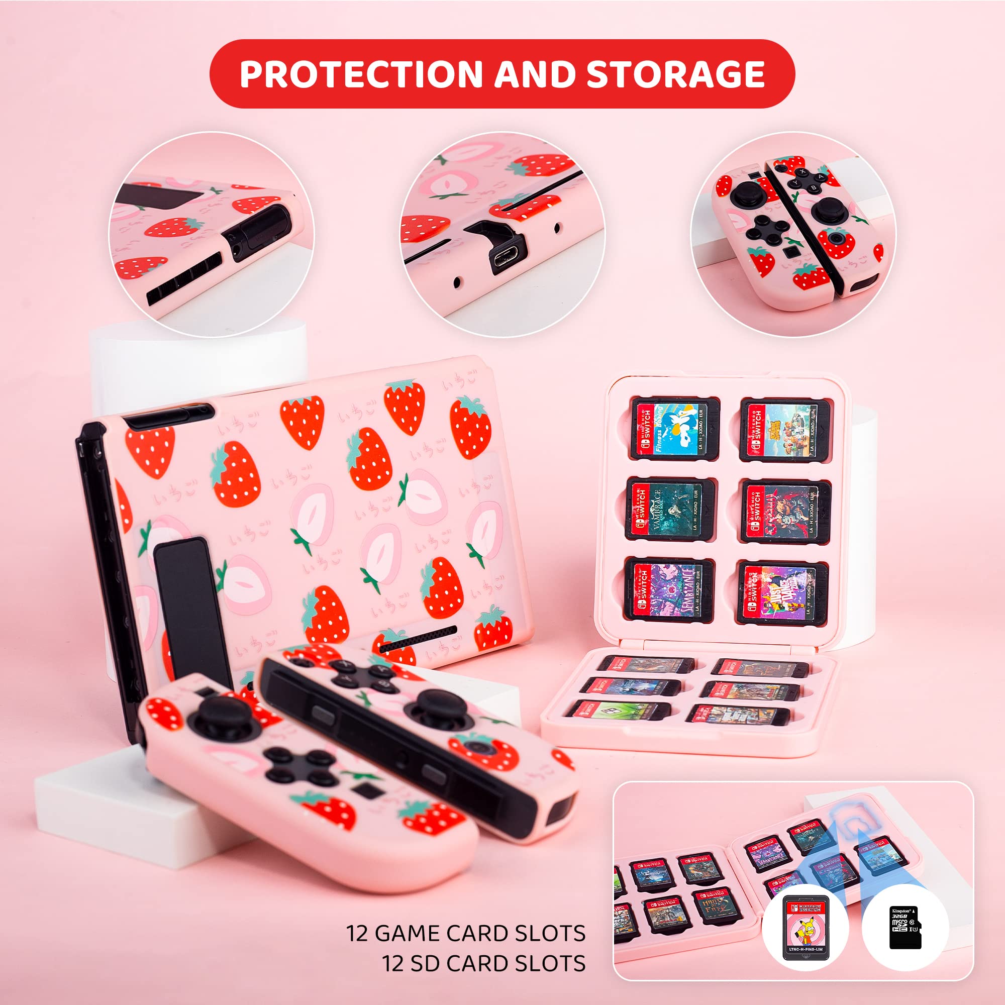 RHOTALL Erdbeer-Tragetasche für Nintendo Switch, harte Reisetasche mit Schutzhülle, Schultergurt, Spielkartenetui, Displayschutzfolie, 2 Daumenkappen