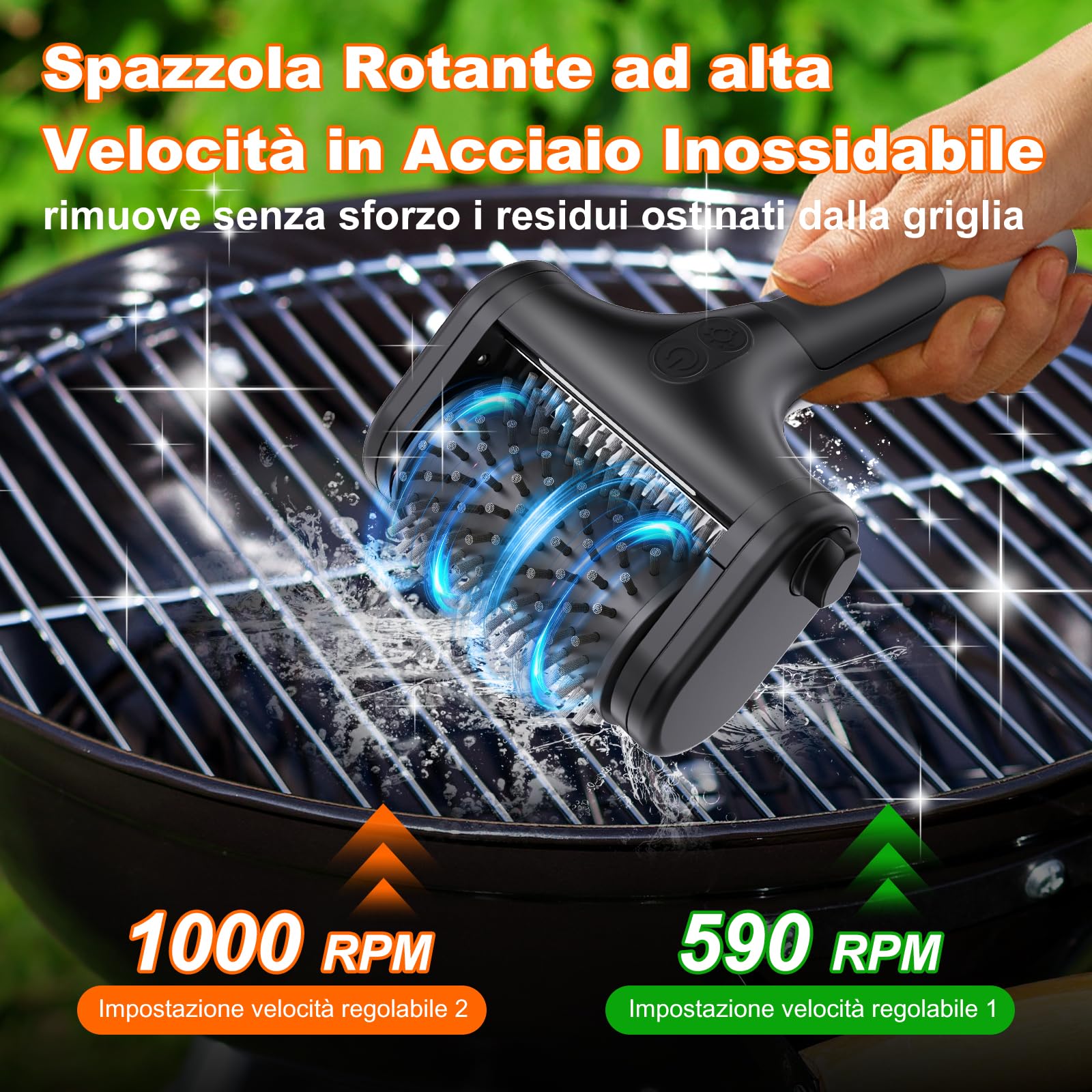 Spazzola Elettrica per Barbecue Ricaricabile, Doppia Velocità 590/1000 Giri, 2 Testine, LED, Nero