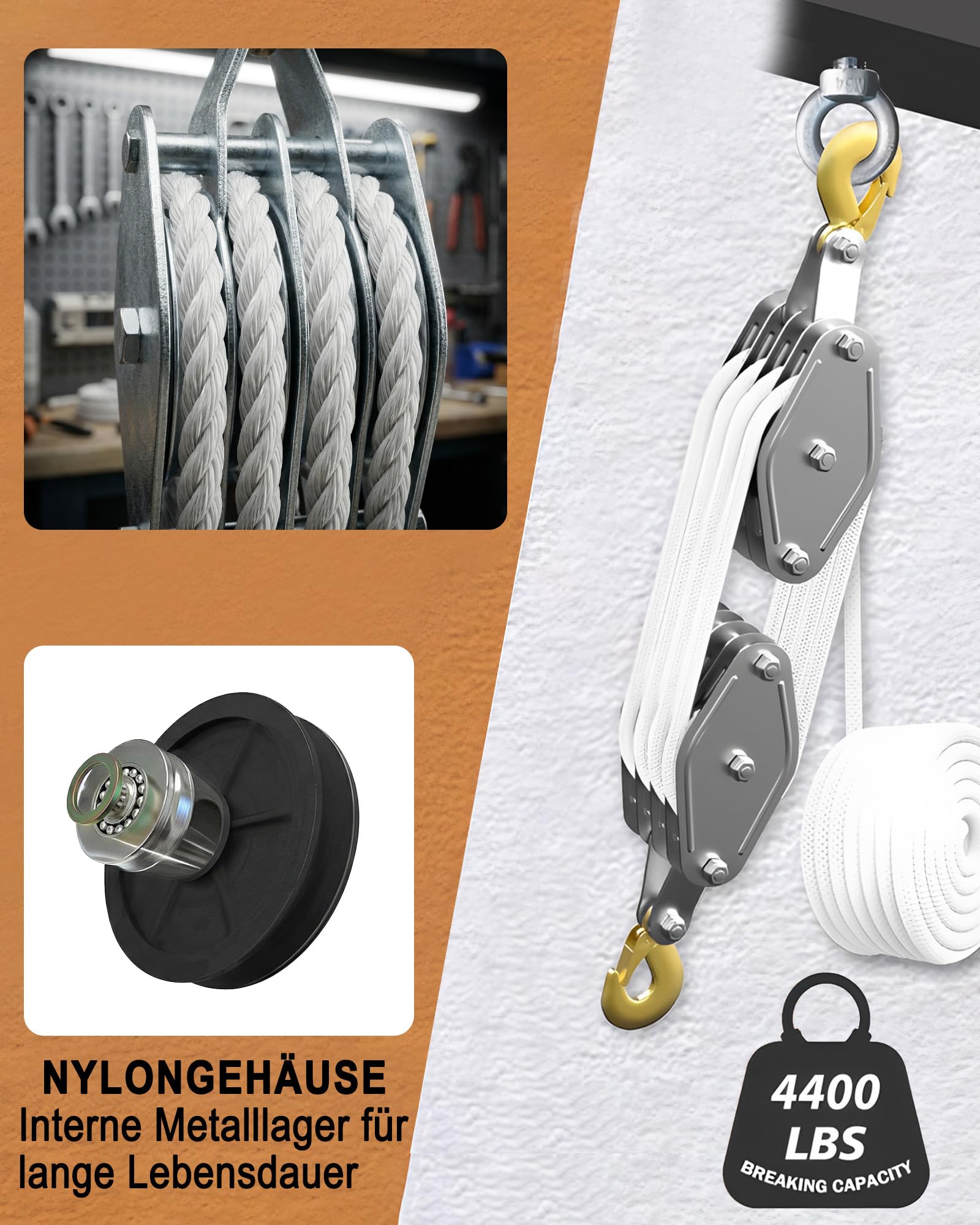 Schwerlast Flaschenzug mit 20m Nylon: Flaschenzug 4400 LB Tragkraft Manuelle Hubseile 8:1 Arbeitssparender Flaschenzug Hochleistungs-Seilzug für Garagen Lagerhallen (1, silber)