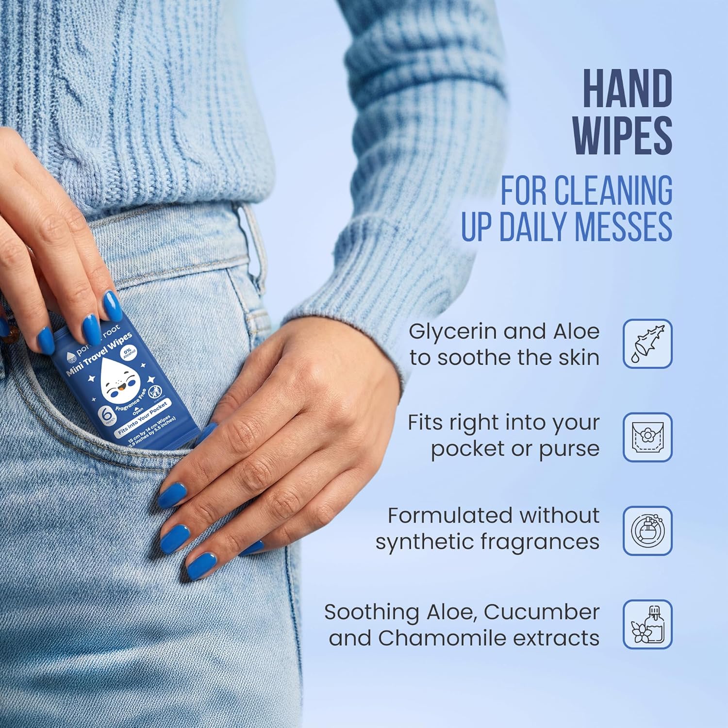 PORE & ROOT Mini Travel Wipes – Plant-Based, Fragrance-Free, Aloe, Chamomile & Cucumber, Hypoallergenic, Pocket-Sized & Hand Wipes - On-the-Go Refresh for Sensitive Skin – (30 Pack)