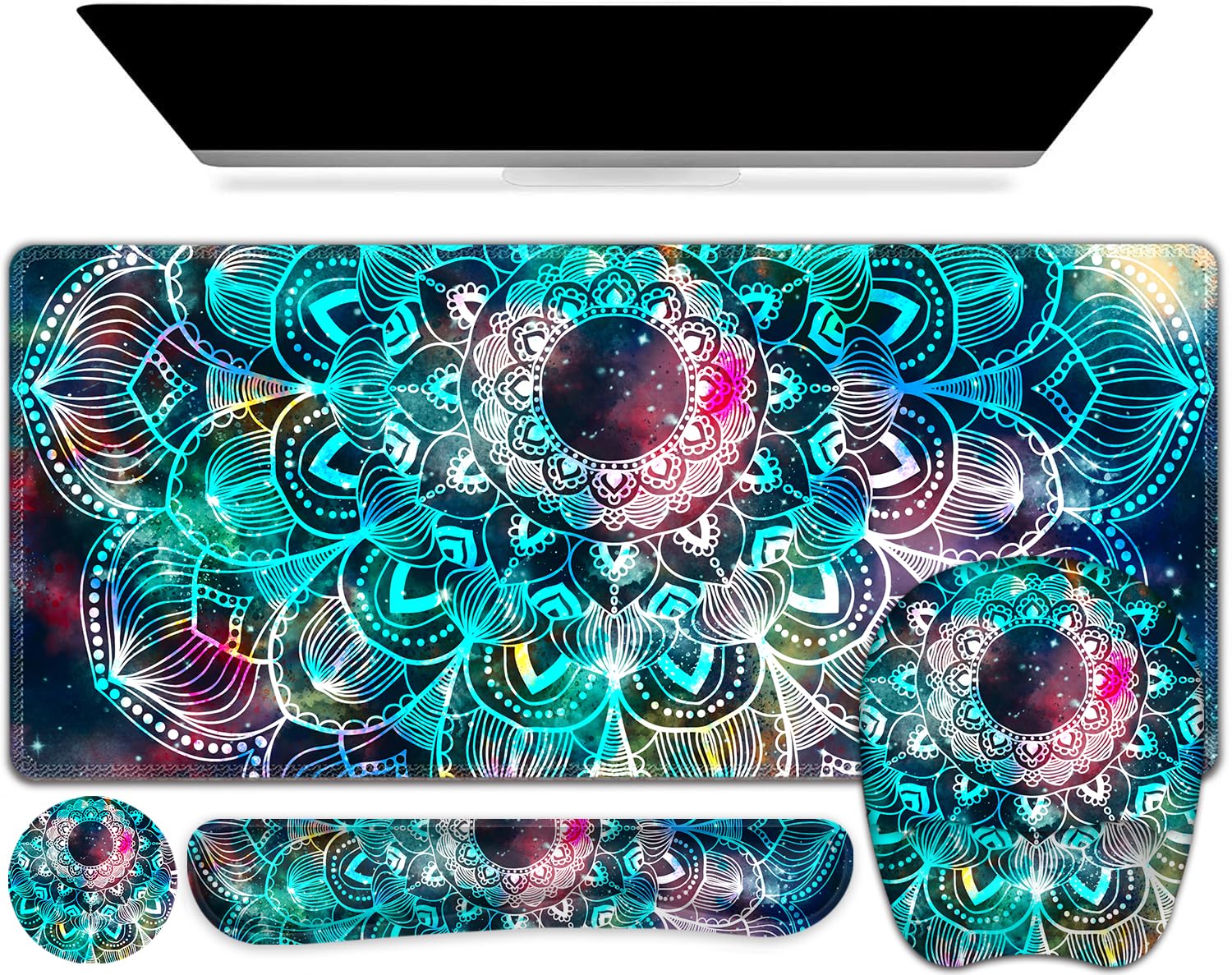 NXZGO Large Mouse Pad with Wrist Support 4 in1 Set, XXL Big Game Mousepad + Keyboard Wrist Rest+Mouse Wrist Rest+Coaster Ergonomic Gaming Mat for Home Office Table Computer I Nice Green Mandala