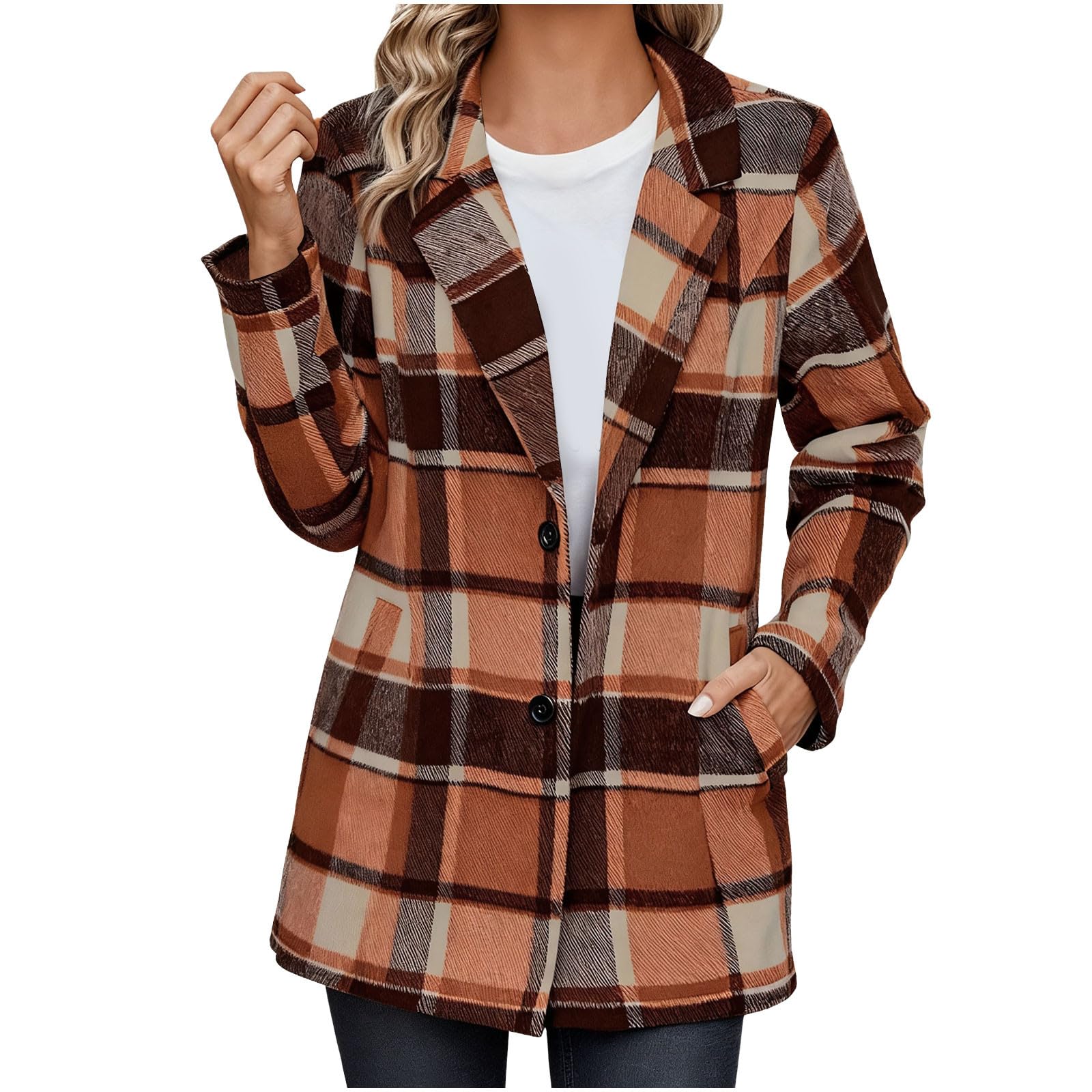 Plaid Blazer Jacket for Women 2025 - Notched Lapel Pea Coat Wool Blend Single Breasted Flannel Shacket Trench