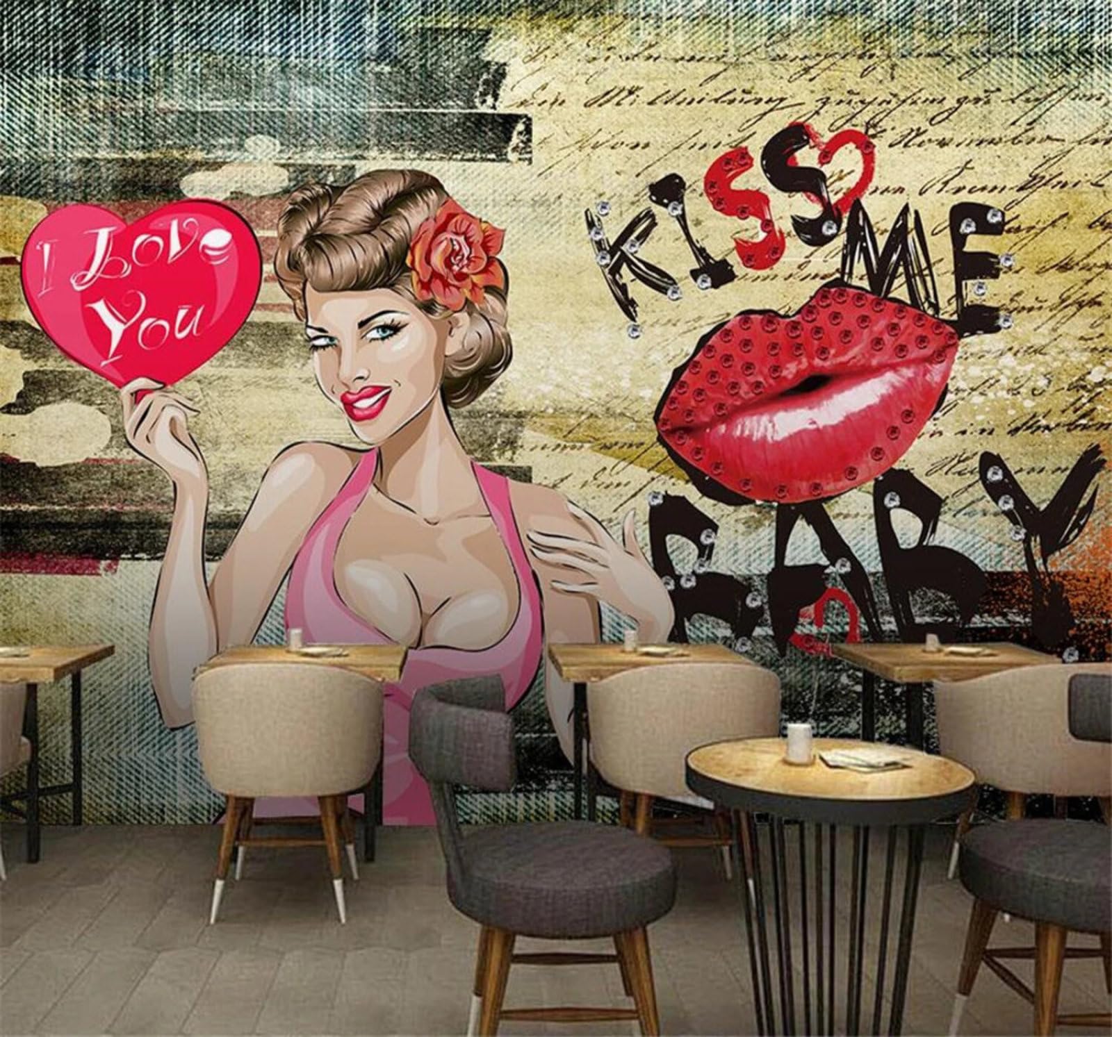 Wallpaper-3D-Xlm 350Cm×256Cm(B×H) Abstract Retro Graffiti Beautiful Woman Red Lips 3D Wallpaper Easy Install Feature Office Living Room Sofa Bedroom Tv Background Wall Decoration-350Cm×256Cm