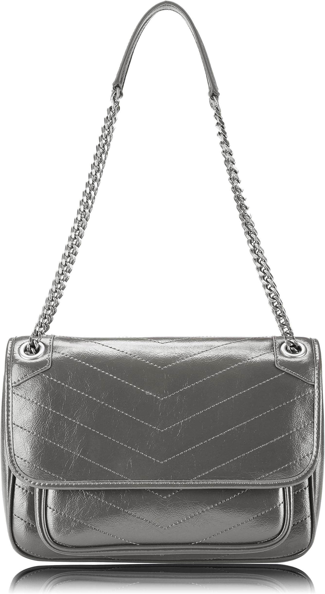 LUCKYSGY Women's Shoulder Bag Leather Messager Purse Crossbody Bags with Metal Chain Strap(Gray)