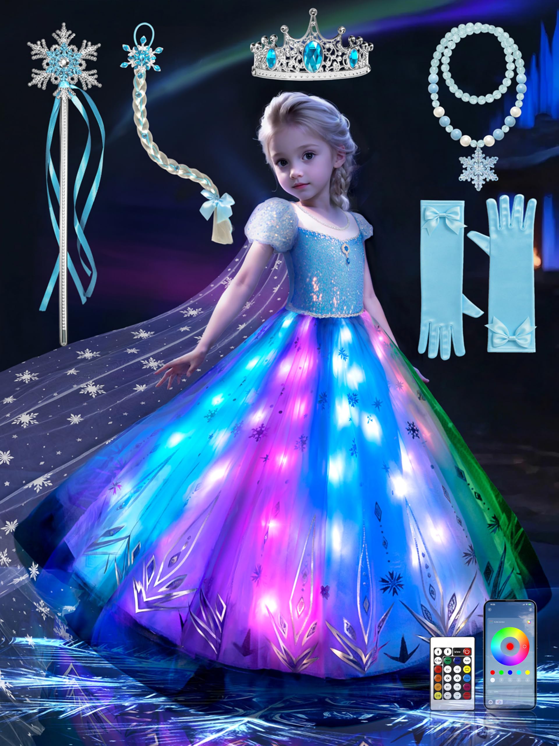 BLINGCOS Prinzessin Kleid Mädchen, Musik Sync Prinzessin Kostüm App-Steuerung, für Halloween, Weihnachten, Karneval, 6 Stück Zubehör