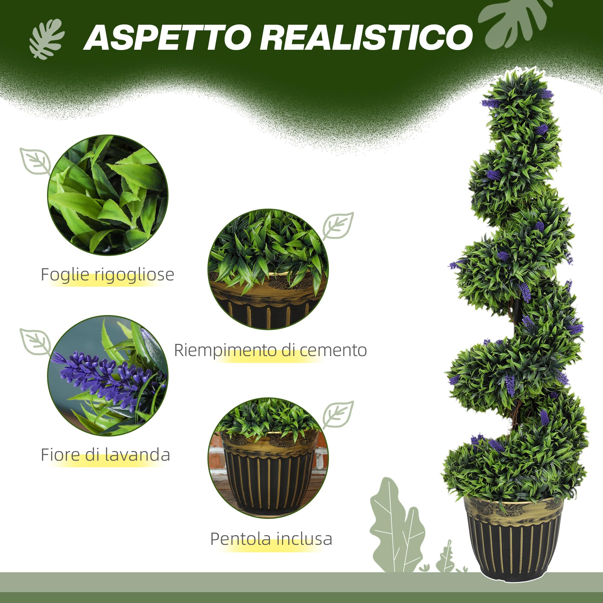 HOMCOM Set 2 Piante Finte da Interno di Bosso a Spirale 115cm Verde e Blu | Con Lavanda, 41 Fiori e Vaso, Piante Topiaria Artificiali da Esterni, Pianta Finta Anti-UV, Decorazione Casa, Giardino