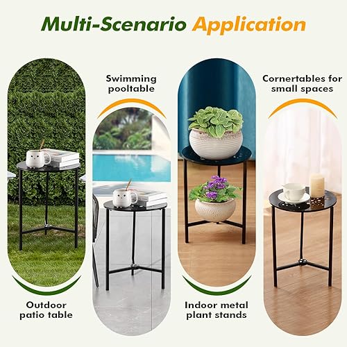 Miniatura 6 de Paquete de 1 mesa auxiliar de metal para exteriores de 13 pulgadas, pequeña mesa auxiliar negra para patio, soporte de esquina redondo para espacios