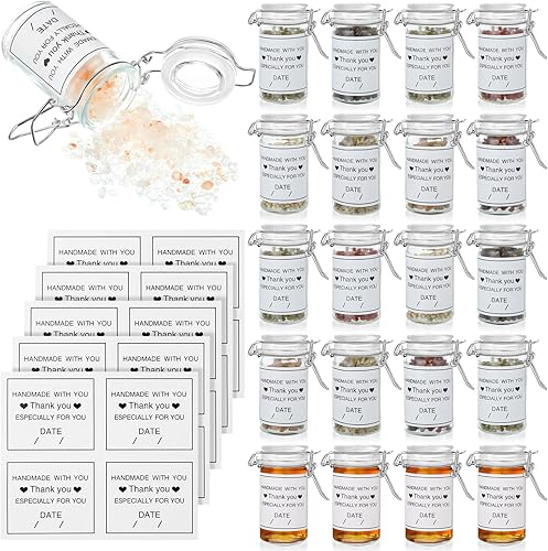 Maxcheck Mini frascos de vidrio con tapas herméticas para extracto de vainilla, 20 botellas de jugo de vidrio con adhesivo hecho a mano, juego de