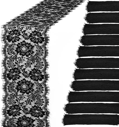 Preboun 12 piezas de camino de mesa de encaje negro de Halloween de 12 x 120 pulgadas, camino de mesa gótico para mesa de boda, manteles negros