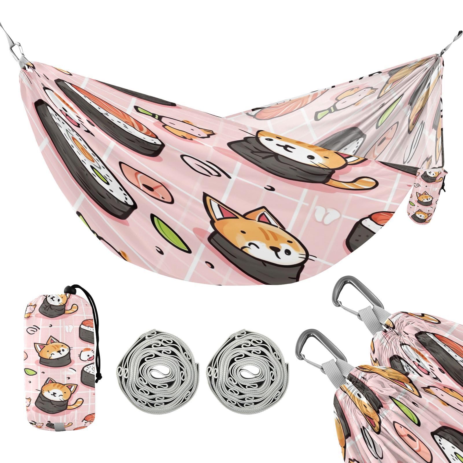 ATTX Sushi Kawaii Pattern Camping Hammock - Lightweight & Portable Hammocks, Heavy Duty 330lbs Capacity for Indoor, Hiking, Backpacking, Travel, Backyard, Beach#488