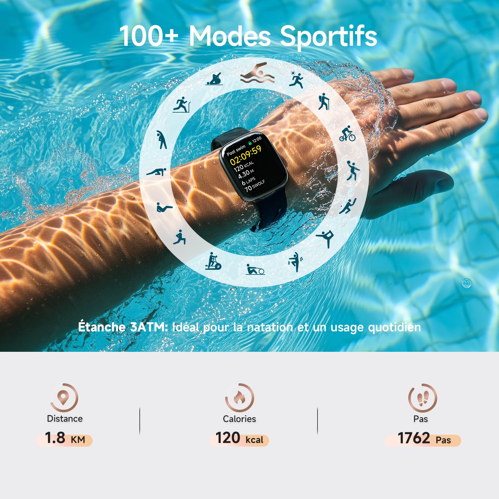 Montre Connectée Homme Femme, 1.85" AMOLED Smartwatch avec Appel Bluetooth, 3ATM Étanche, 100+ Modes Sportifs, SpO2/Sommeil/Fréquence Cardiaque, Podomètre & Calories, Compatible Samsung/iPhone/Android