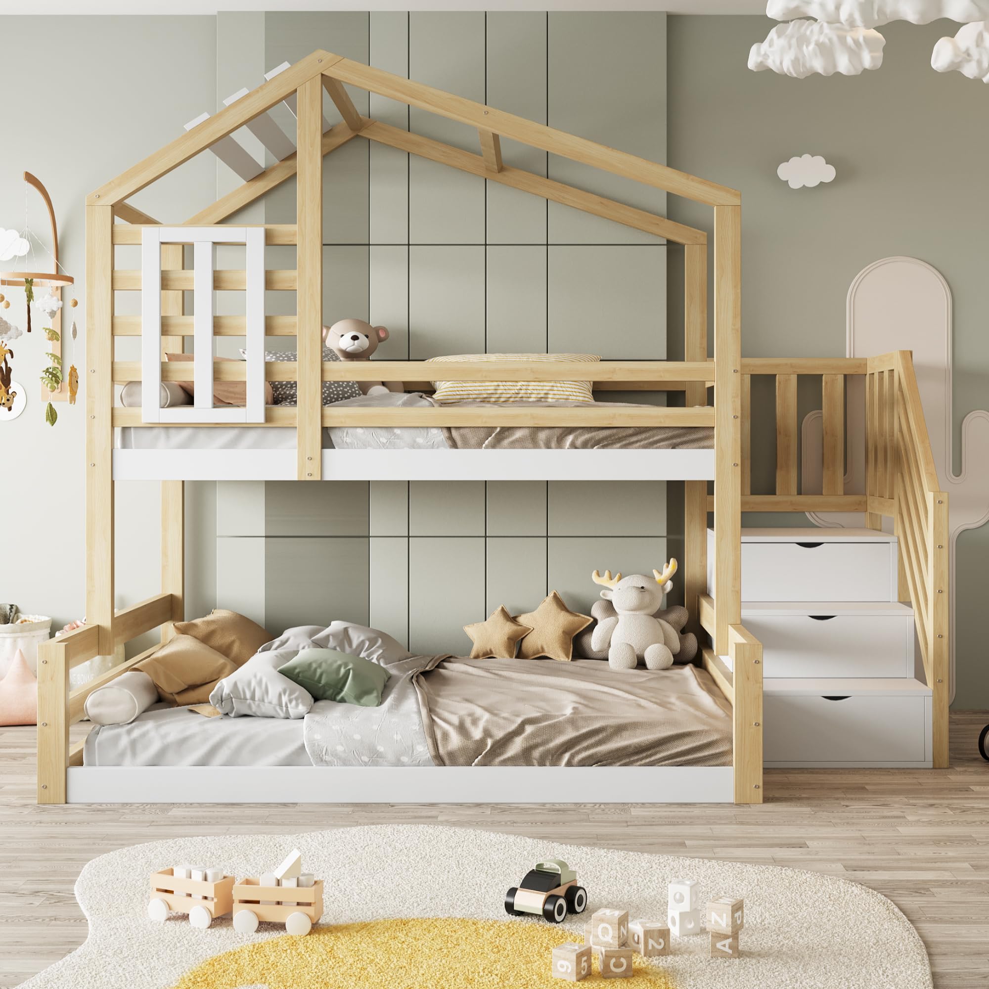 Etagenbett Kinderbett 90x200 & 140x200 cm, Hochbett Hausbett mit Treppe Stauraum und Fenster, Bett Bettgestell mit Lattenrost und Rausfallschutz, Holzbett für Kinder, Ohne Matratze, Natur