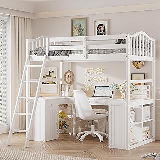 Merax Twin Size Loft Bed with Desk, Wooden Loft Bed Frame with Drawers, Cabinet, Shelves, and Desk, No Box Spring Needed, White