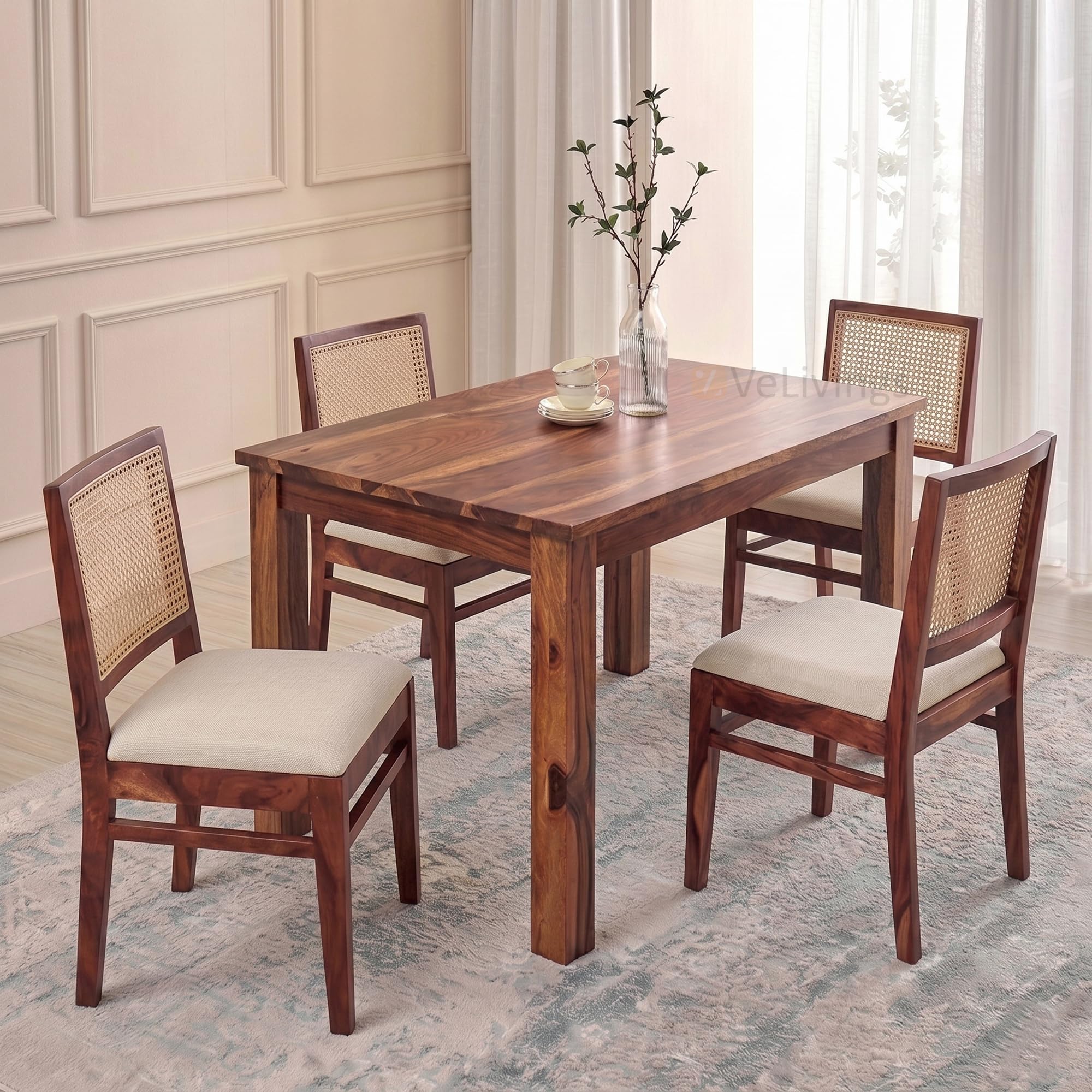 VeLivings Solid Sheesham Wood 4 Seater Dining Table Set with Cane Back Chairs with Cushions for Dining Room | Living Room | Home & Office | Hotels Restaurant & Cafe (Honey Finish)-image-26
