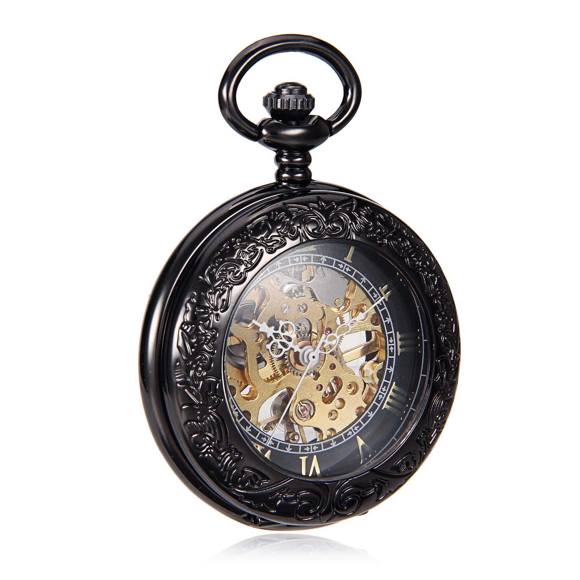 Steampunk Vintage Roman Litery Design Case Mechaniczny zegarek kieszonkowy z łańcuszkami na prezenty świąteczne, Czarny