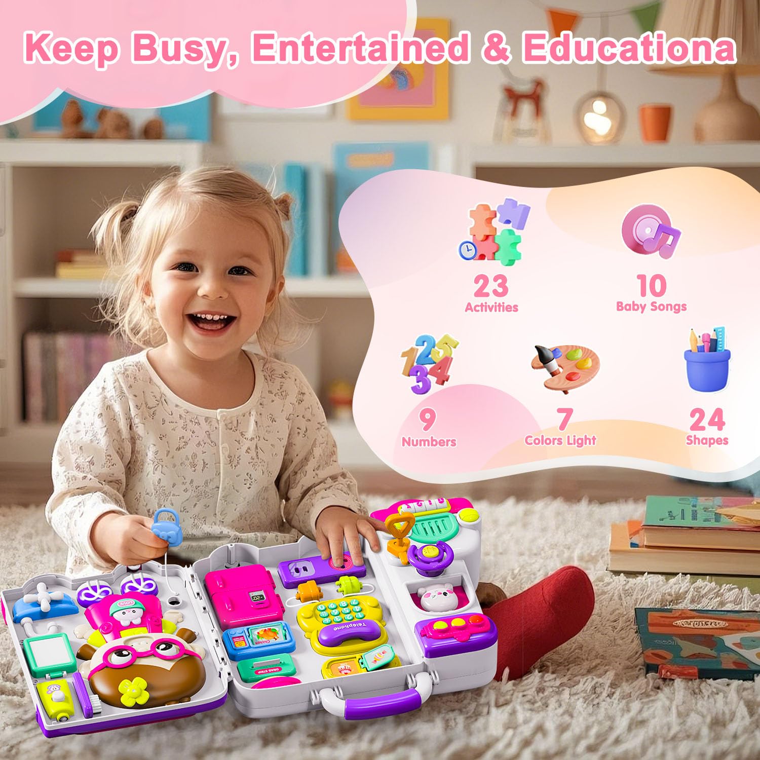 Montessori Busy Board for 1-2 Year Old Girl Gift,Musical Toys for Toddlers 1-3 Year,Educational Fine Motor Baby Toys for 12 18 Months,Perfect for Preschool or Travel,Birthday Gift for 1+Year Old Girl