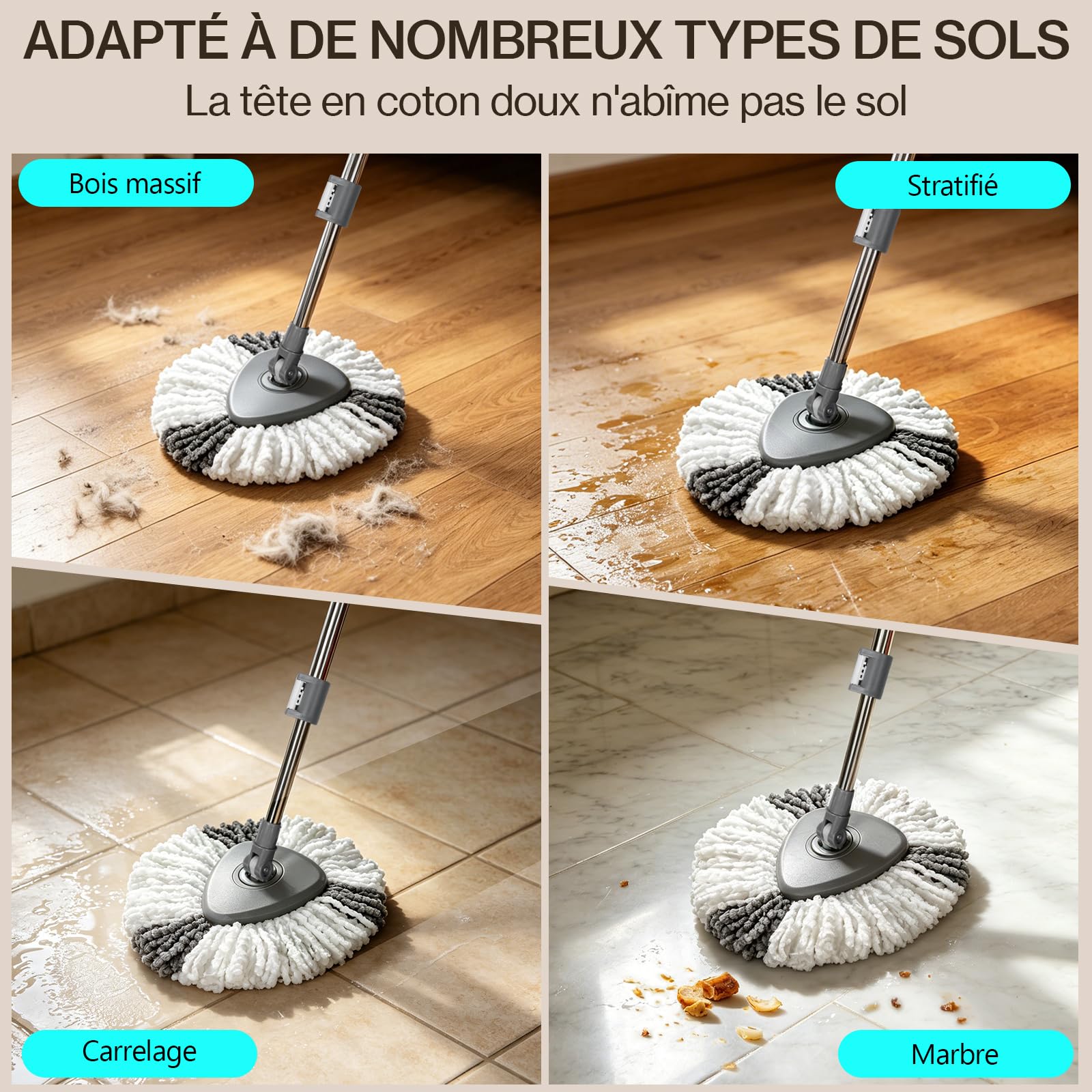 MASTERTOP Ensemble Balai Serpillère et Seau Essoreur - Eau Propre/Eau Sale | Essorage Par Pression, Manche Télescopique Réglable, Tête Rotative à 360° - 2 Housses Microfibres Lavables