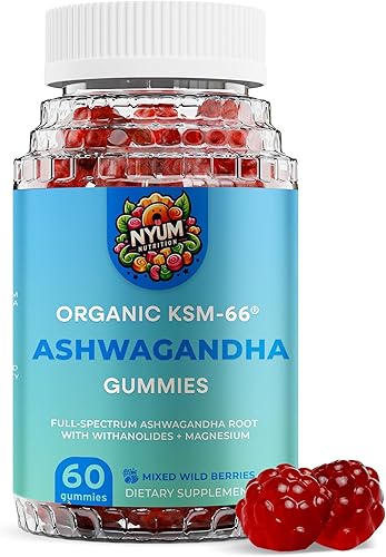 Generic Nyum Nutrition Gomitas orgánicas KSM-66 Ashwagandha, 60 unidades, bayas silvestres mixtas, rojo/azul