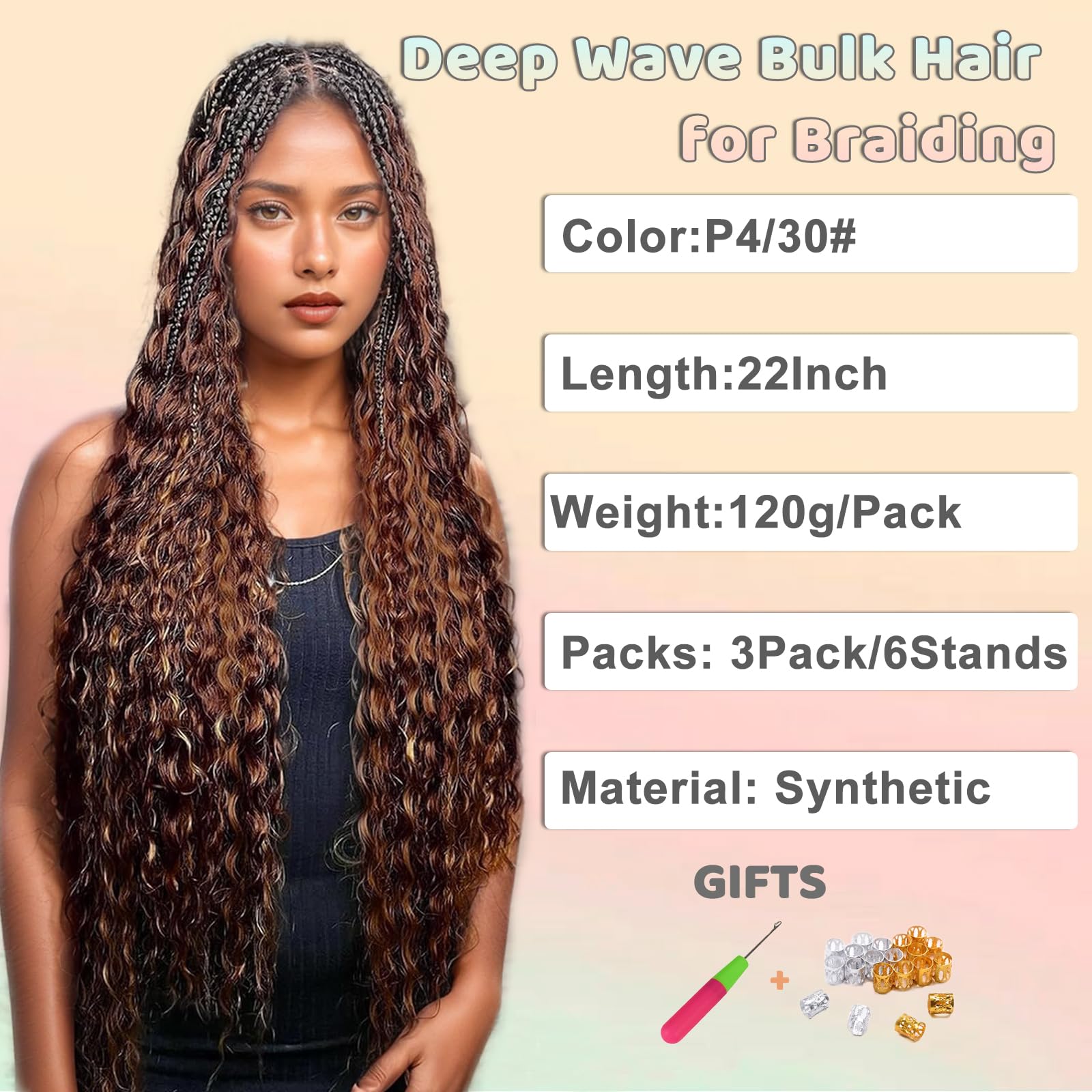 Deep Wave Bulk Hair for Braiding 18 Inch No Weft Deep Wave Bundles Curly Braiding Hair Extensions for Boho Braids and Wavy Braiding Hair 2 Braids per Pack P4/30# 22 Inch 3 Pack - Image 2