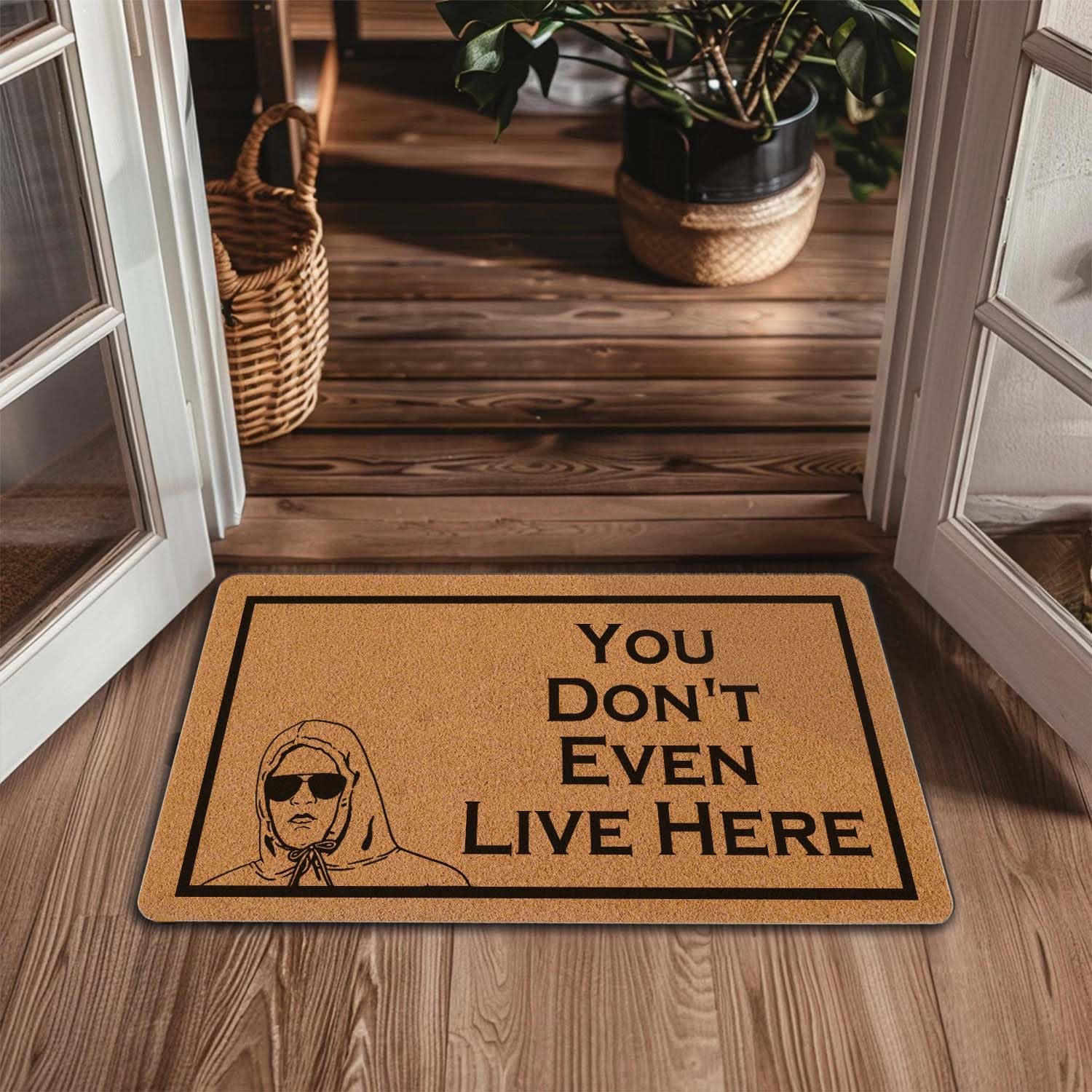 Welcome Door Mat You She Don't Even Live Here Outdoor Indoor Entrance, Low-Profile Floor Mats Non Slip Durable Entrance Rugs for Entry, Patio, High Traffic Areas Front Door, 17" x 29.5"