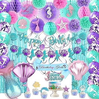 Mermaid Birthday Decorations, Mermaid Party Decorations Supplies Kit, Mermaid Cake Decorations, Mermaid Theme Birthday Decorations, Mermaid Banner Cake Topper Paper Fans with Cute Cut Outs